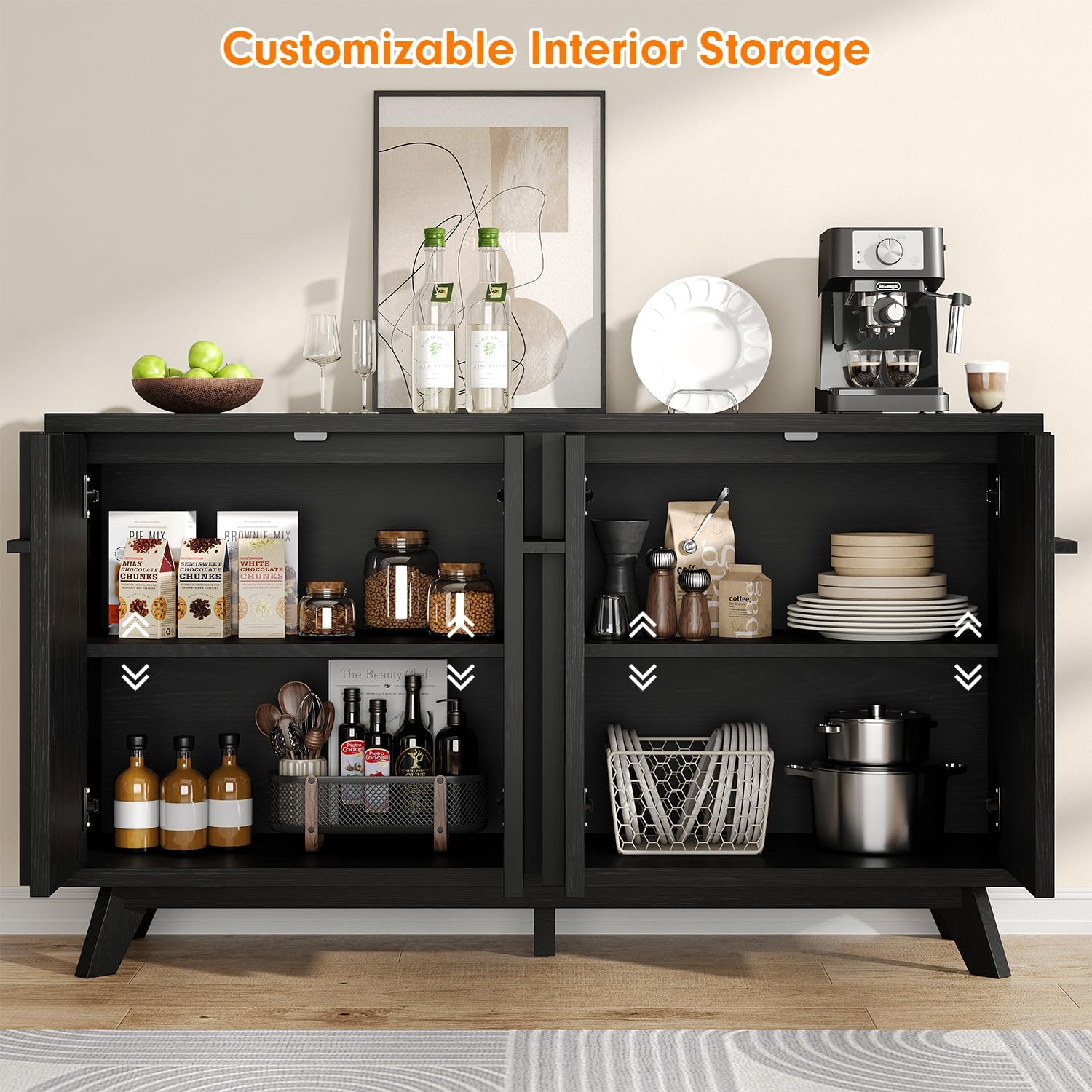 knoworld 59" Sideboard Buffet Cabinet with Storage, Modern Credenza, Black | Wood Console Cabinet with 4 Doors&Adjustable Shelves, Accent Coffee Bar Cabinet for Living Room Kitchen Dining Room Hallway