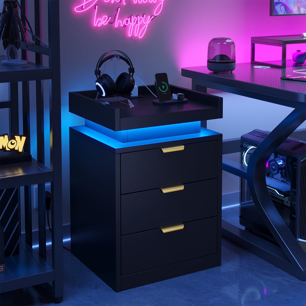 LED Nightstand with Charging Station & USB Ports, 3-Drawer Bedside Table with Adjustable RGB LED Lights, High-Gloss Modern Nightstands for Bedroom, Black
