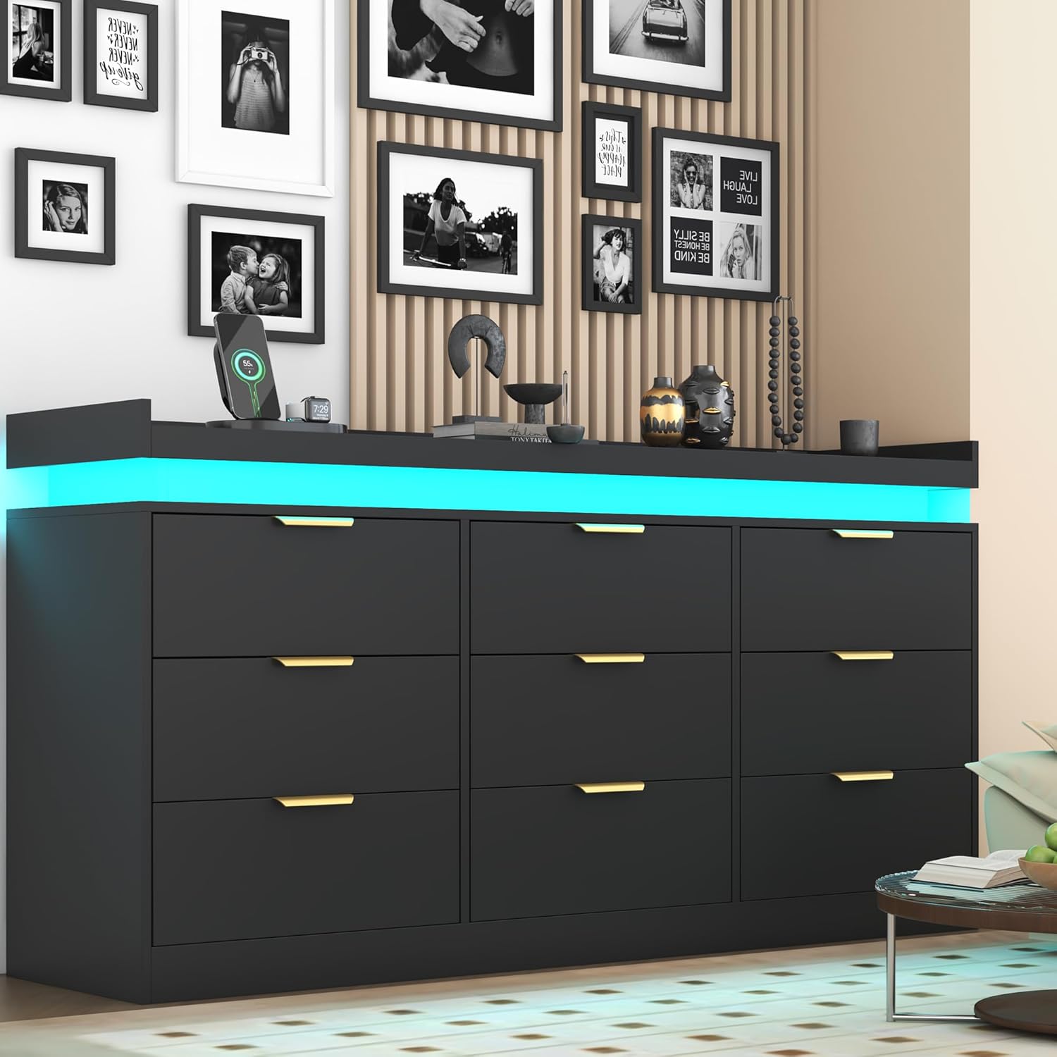 9 Drawer Dresser for Bedroom, Black Dresser with LED Lights and Power Outlet knoworld 9 Drawer Dresser for Bedroom, Black Dresser with LED Lights and Power Outlet knoworld