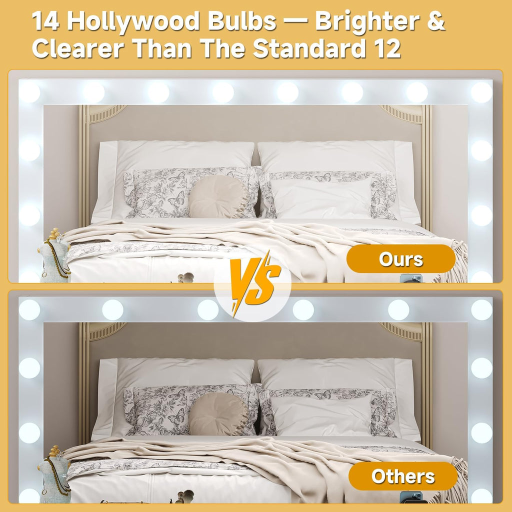 Glass Top Vanity Desk with RGB Drawers, 11 Drawers Large Makeup Vanity with Mirror and 14 LED Lights, 47" Dressing Table with Power Outlet, White