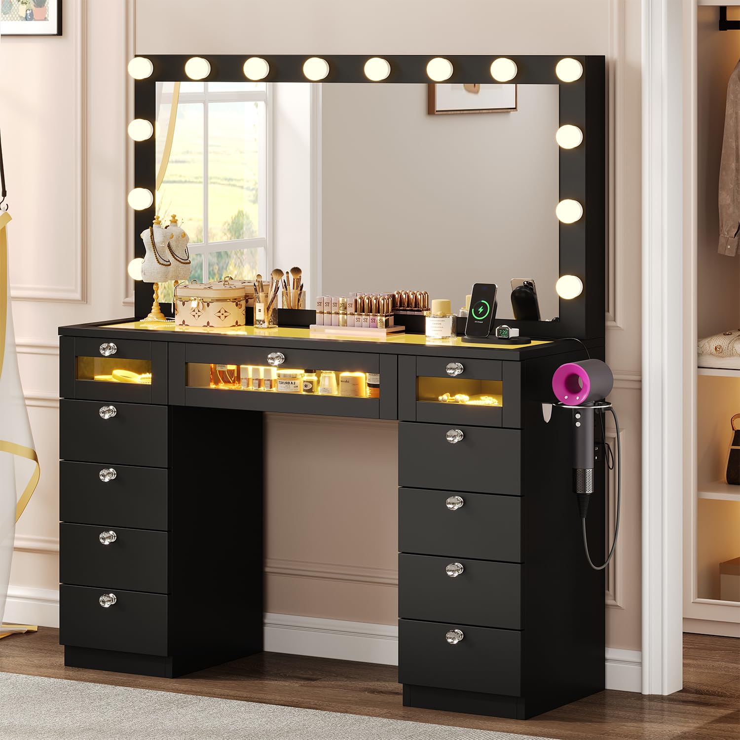 Glass Top Vanity Desk with RGB Drawers, 11 Drawers Large Makeup Vanity with Mirror and 14 LED Lights, 47" Dressing Table with Power Outlet, White