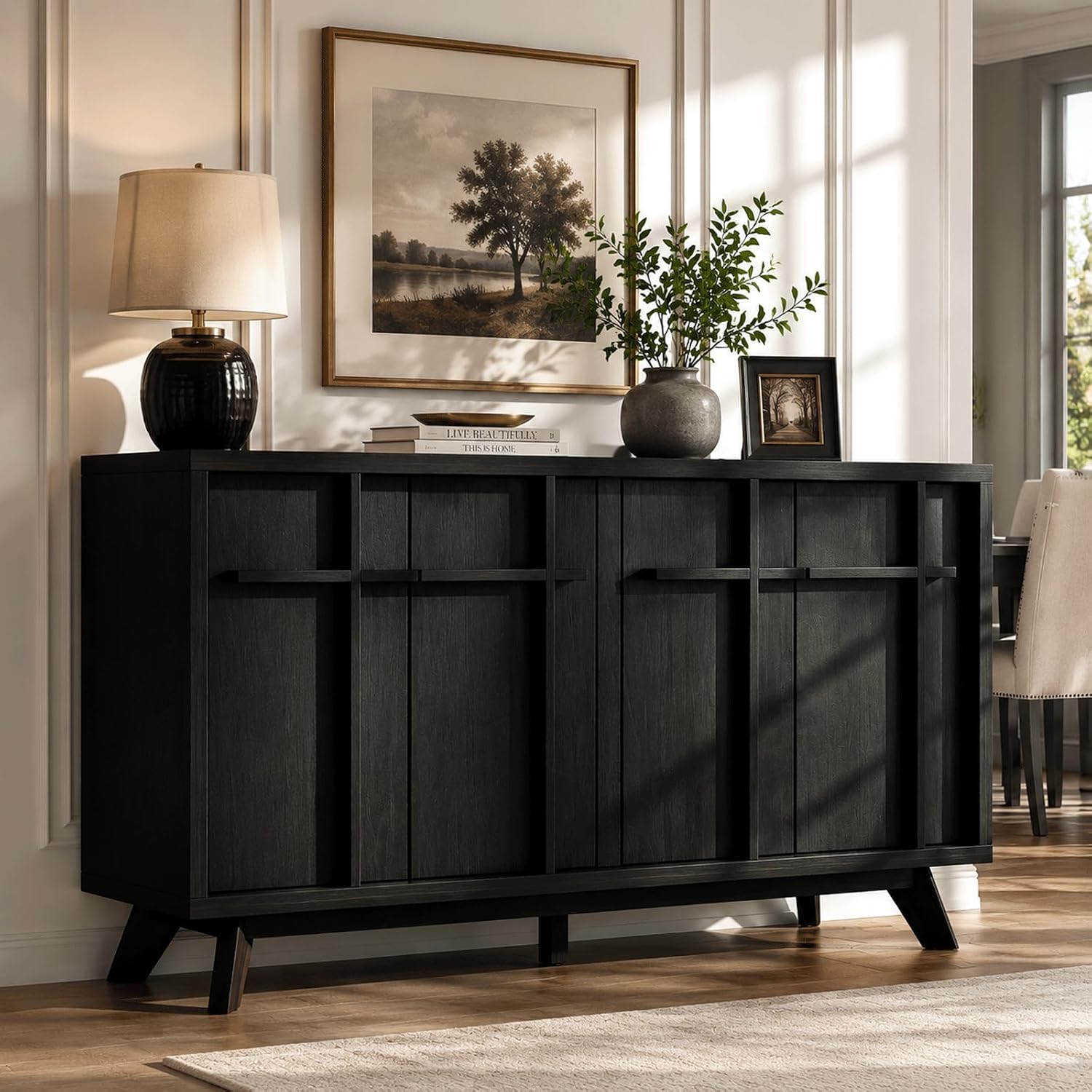 knoworld 59" Sideboard Buffet Cabinet with Storage, Modern Credenza, Black | Wood Console Cabinet with 4 Doors&Adjustable Shelves, Accent Coffee Bar Cabinet for Living Room Kitchen Dining Room Hallway