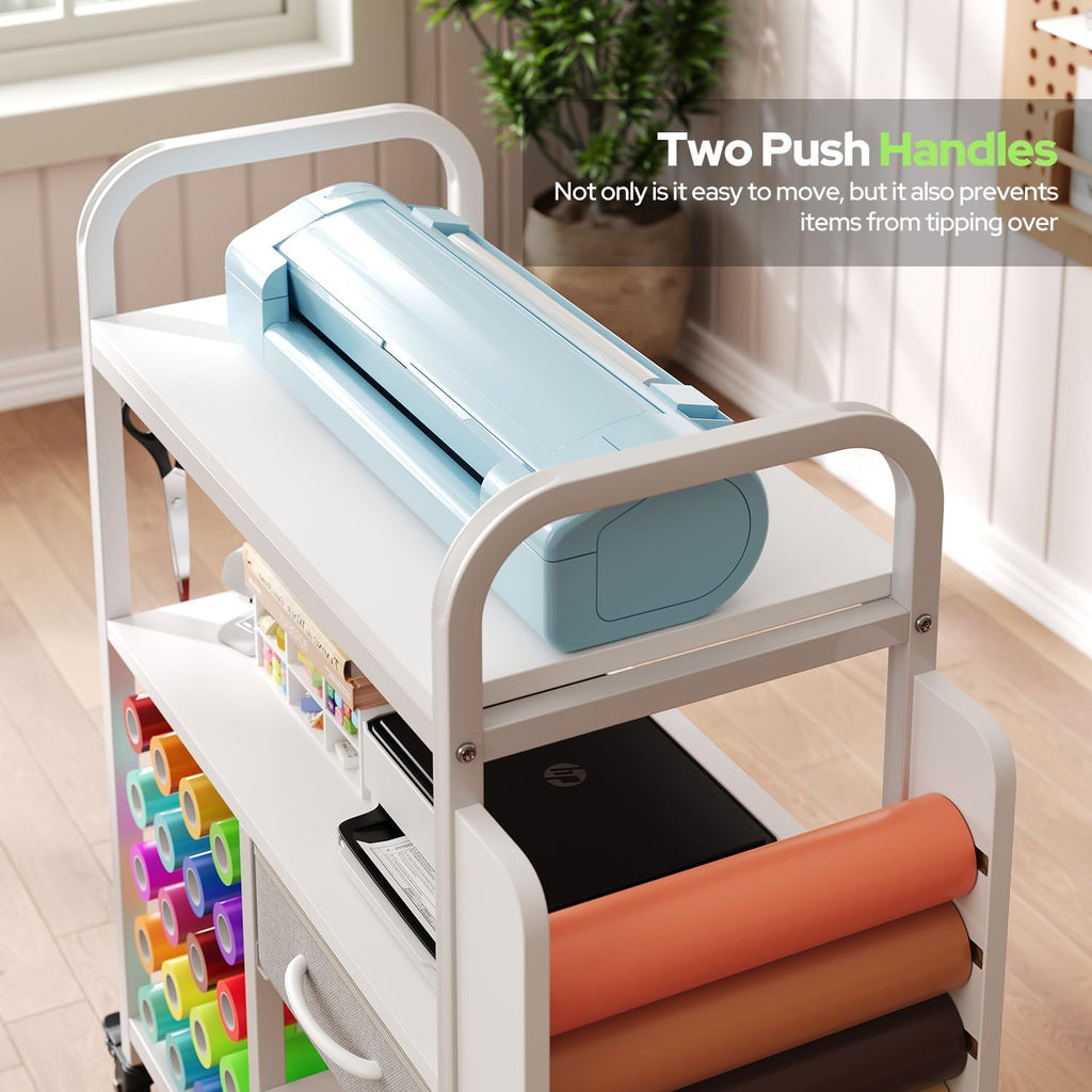 Craft Cart with Wheels Compatible with Cricut Machine, Organization and Storage Stand with 27 Vinyl Roll Holders and Drawer, Rolling Storage Cart with Table for Cricut Explore Maker Joy Accessories