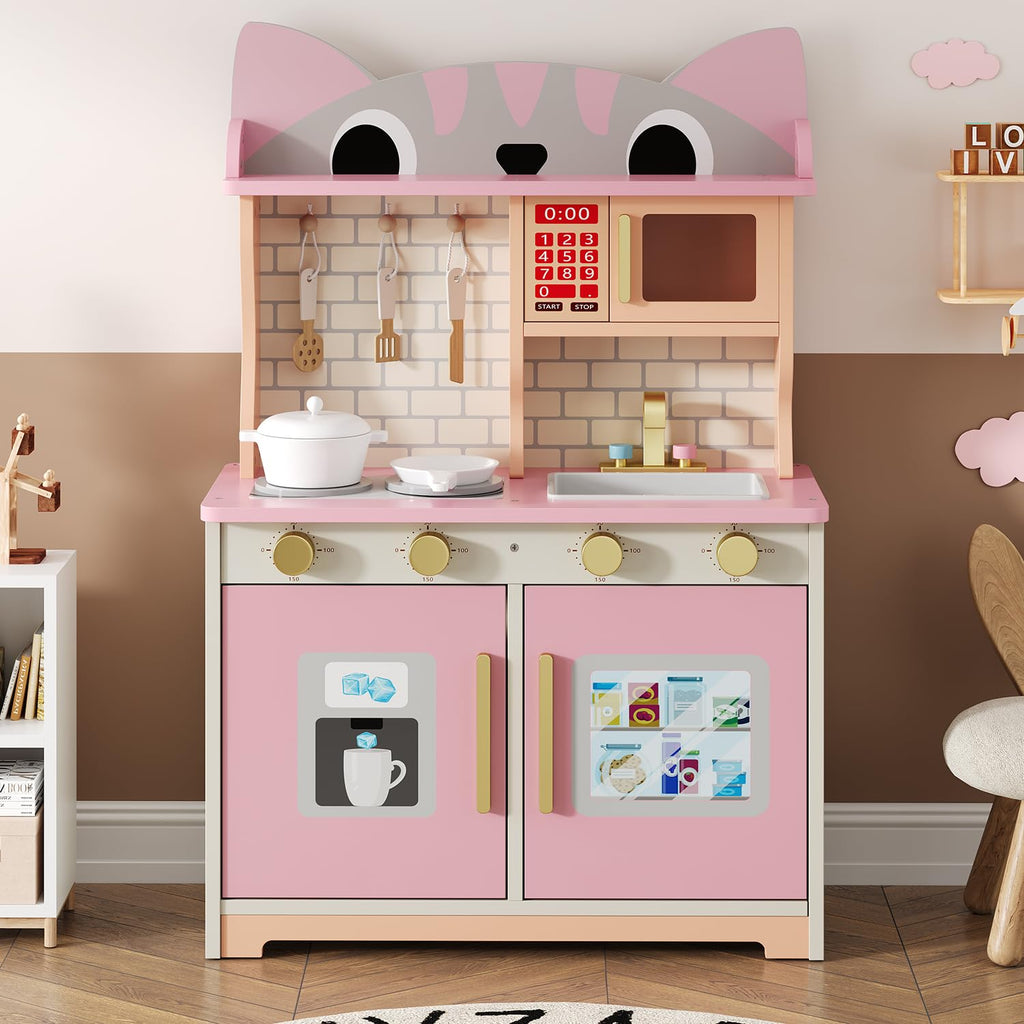Wooden Play Kitchen for Ages 3-8 Babies, Cat Design Kitchen Playset with Microwave, Stove, Sink, Clicking Knobs, Kids Children Pretend Toy for Boys and Girls, White