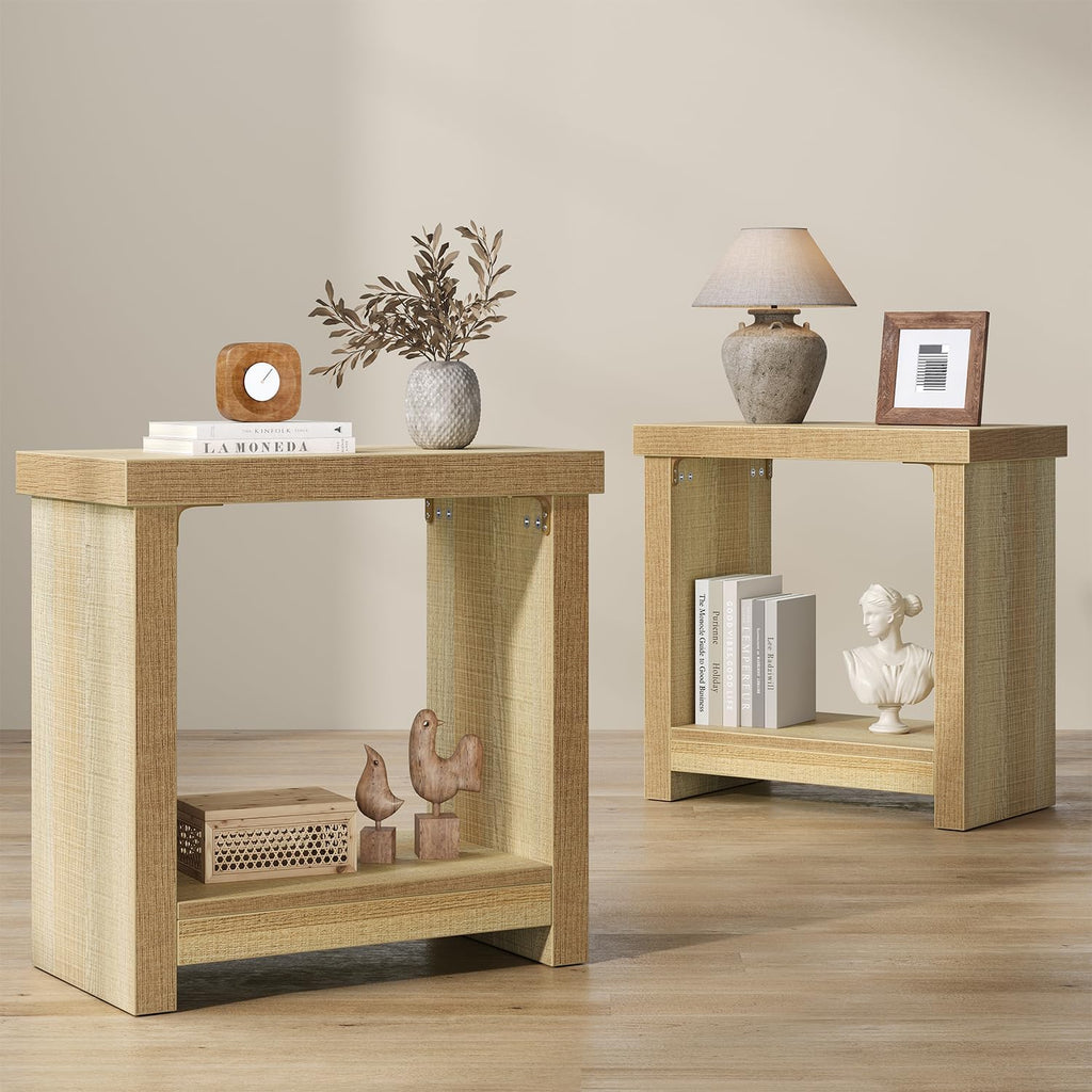 End Tables Set of 2 for Living Room, Narrow Side Tables with Storage Shelves, Square End Table for Bedroom, Slim Nightstand, Skinny Rectangle Accent Table, Farmhouse Bedside Table, Natural (2 Pieces)