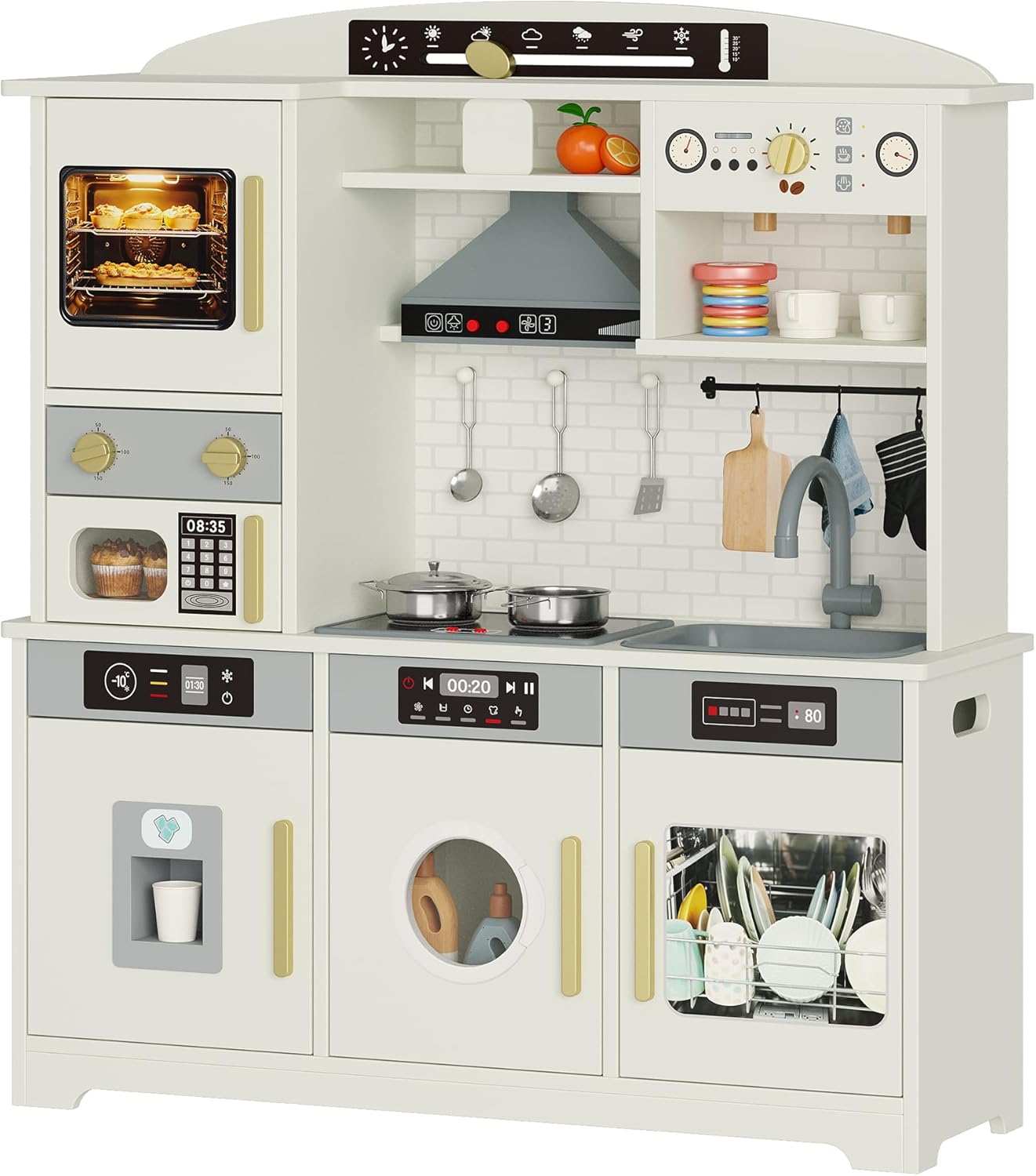 Play Kitchen for Kids, Wooden Toy Kitchen Set with Plenty of Play Features & Accessories, Toddler Kitchen Playset, Pretend Play Kitchen, Gift for Ages 3+