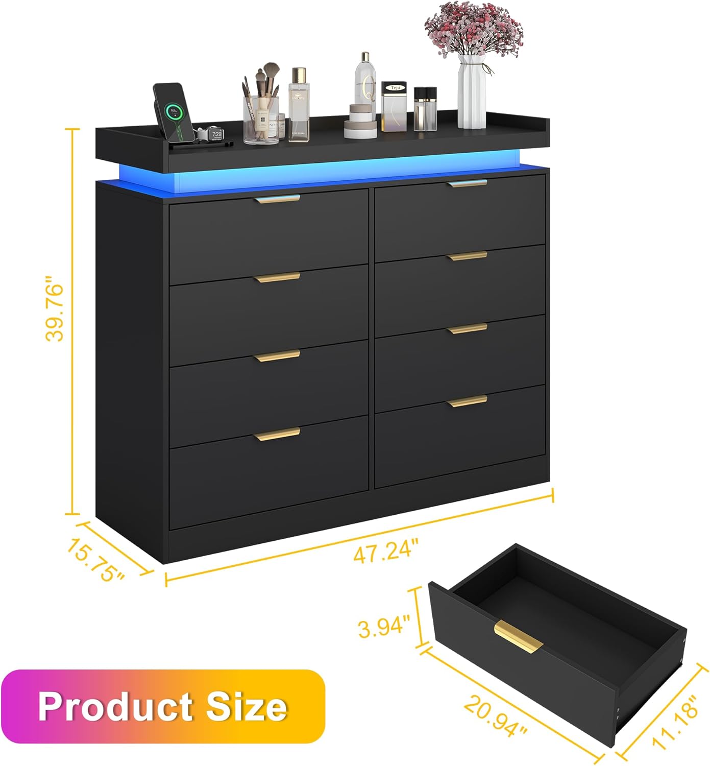 8 Drawer Dressers for Bedroom, Black Dresser with LED Lights and Power Outlet, Wood LED Dresser, Double Wide Modern Chest of Drawers for Bedroom, Entryway, Hallway