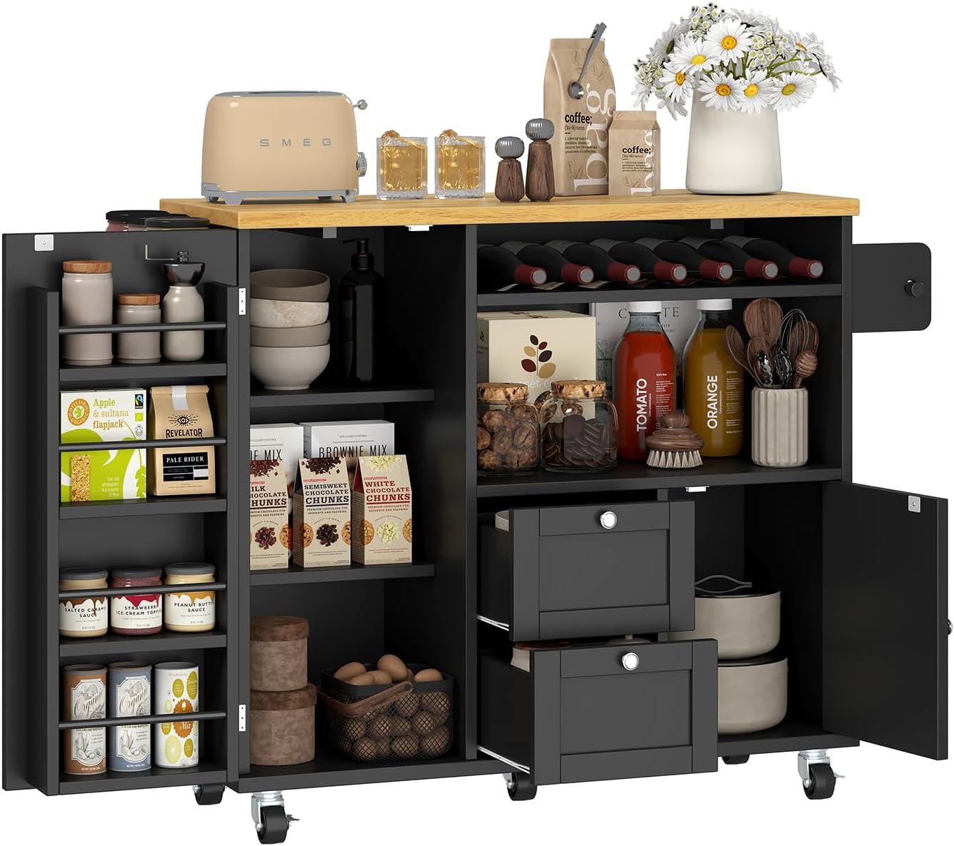 Rolling Kitchen Island with Storage Cabinet, 41.3'' Width Kitchen Cart with Desktop Drop Leaf Countertop, Portable Mobile Island with Towel Rack, Spice Rack Shelf and Lockable Wheels, Black