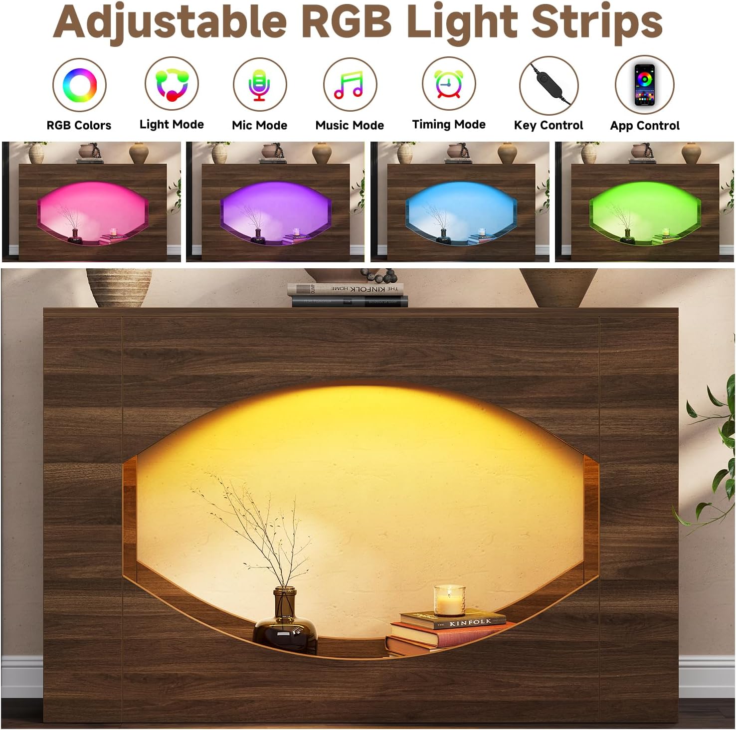 Narrow Console Table with LED Lights and Storage, 47" Adjustable Sofa Table Behind Couch, Farmhouse Long Accent Table for Living Room, Hallway, Foyer, Brown