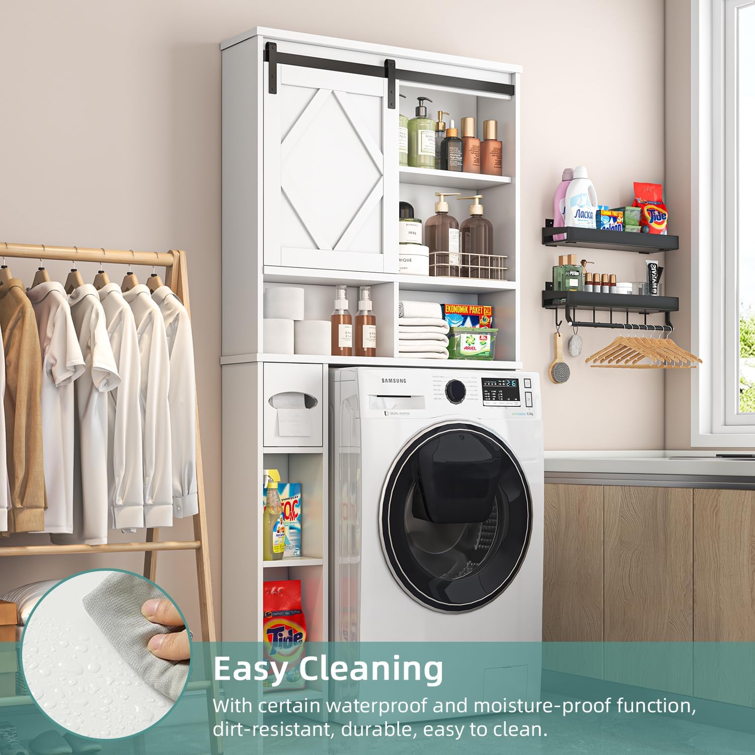 Over the Toilet Storage Cabinet with Farmhouse Sliding Barn Door, Above Toilet Organizer with Toilet Paper Holder Stand, Behind Toilet Shelf, Space Saver for Restroom, Bathroom, Laundry, White