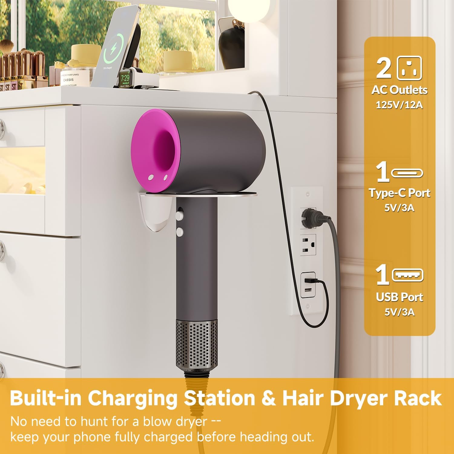 Glass Top Vanity Desk with RGB Drawers, 11 Drawers Large Makeup Vanity with Mirror and 14 LED Lights, 47" Dressing Table with Power Outlet, White