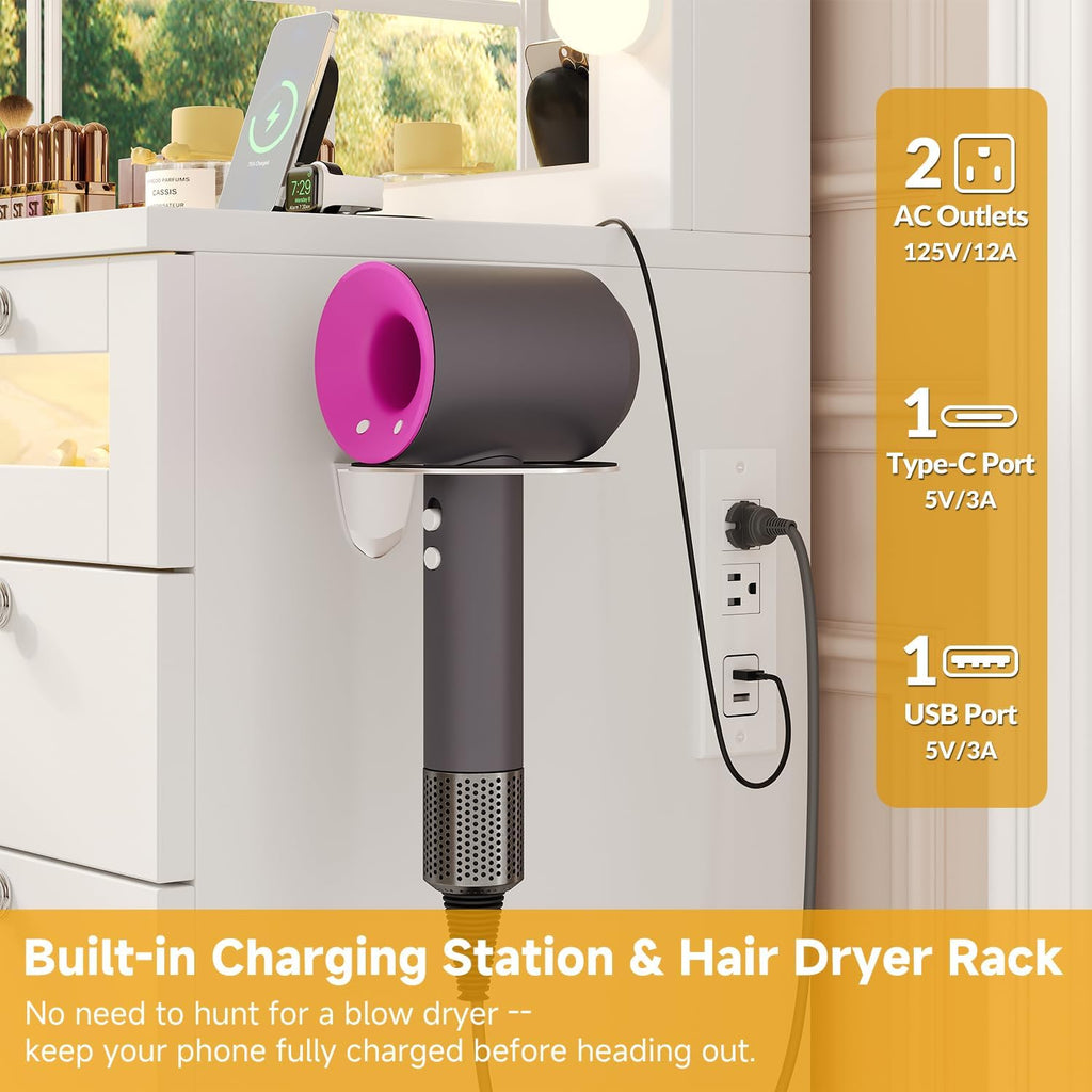 Glass Top Vanity Desk with RGB Drawers, 11 Drawers Large Makeup Vanity with Mirror and 14 LED Lights, 47" Dressing Table with Power Outlet, White