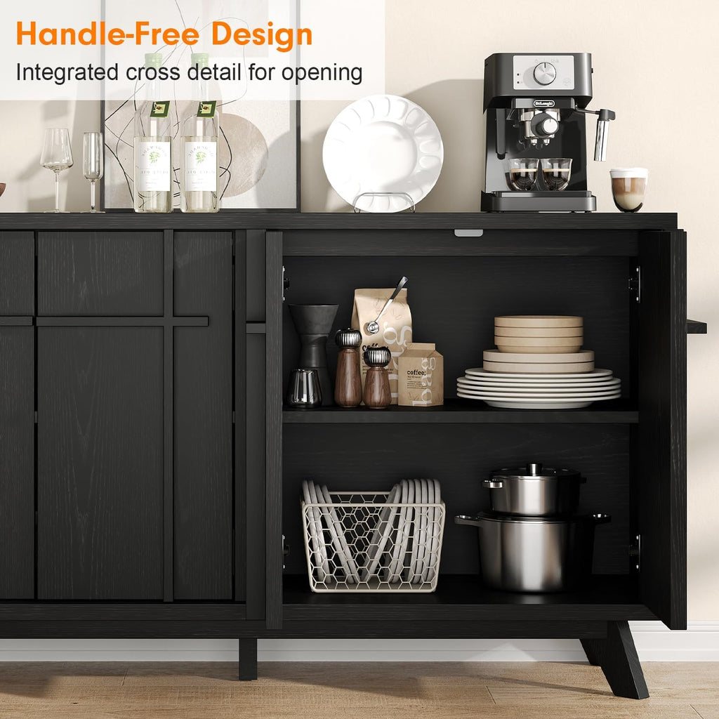 knoworld 59" Sideboard Buffet Cabinet with Storage, Modern Credenza, Black | Wood Console Cabinet with 4 Doors&Adjustable Shelves, Accent Coffee Bar Cabinet for Living Room Kitchen Dining Room Hallway