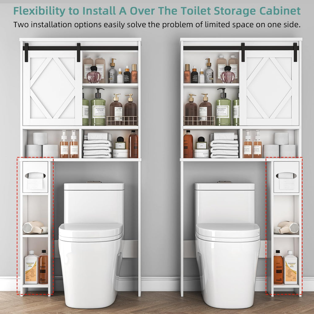 Over the Toilet Storage Cabinet with Farmhouse Sliding Barn Door, Above Toilet Organizer with Toilet Paper Holder Stand, Behind Toilet Shelf, Space Saver for Restroom, Bathroom, Laundry, White
