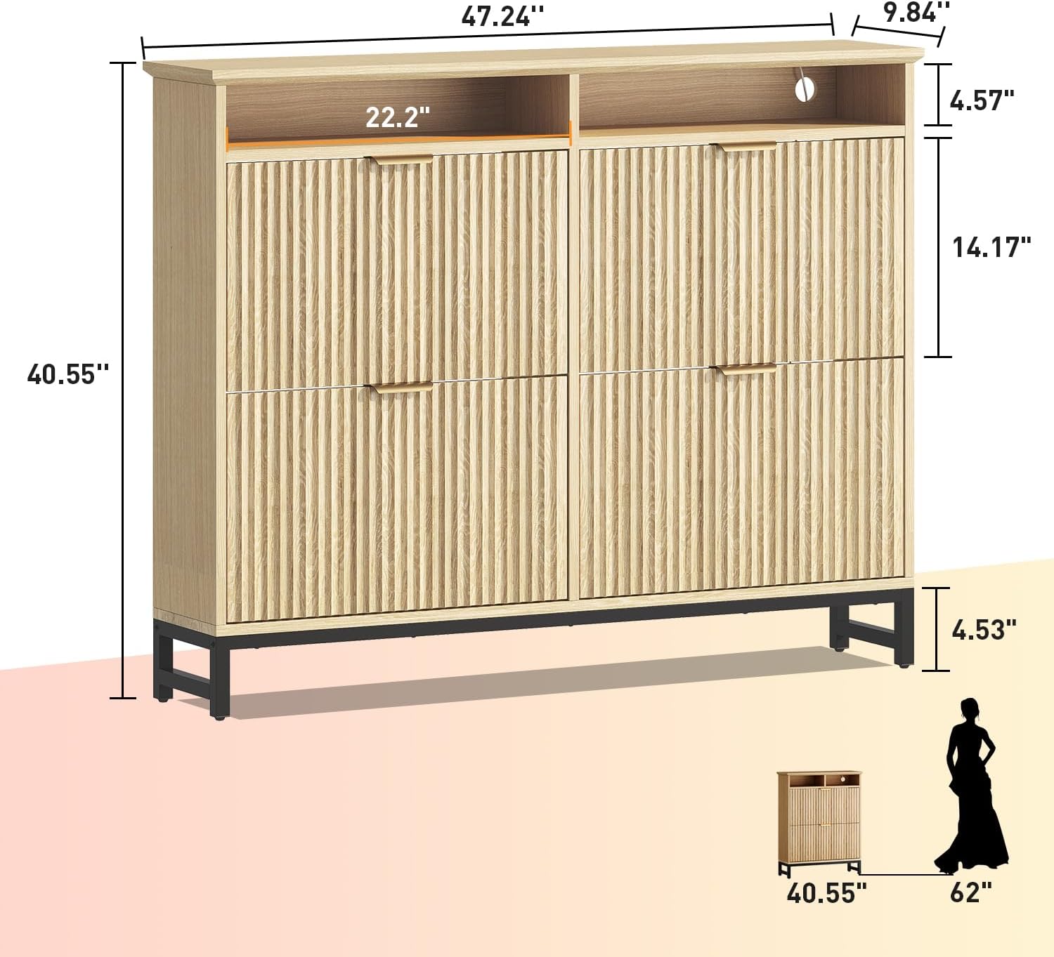 knoworld Fluted Shoe Storage Cabinet with 4 Flip Drawers, Narrow Freestanding Slim Shoe Organizer Cabinet for Entryway, Hidden Shoe Rack with Open Storage Space & LED Light for Hallway or Foyer