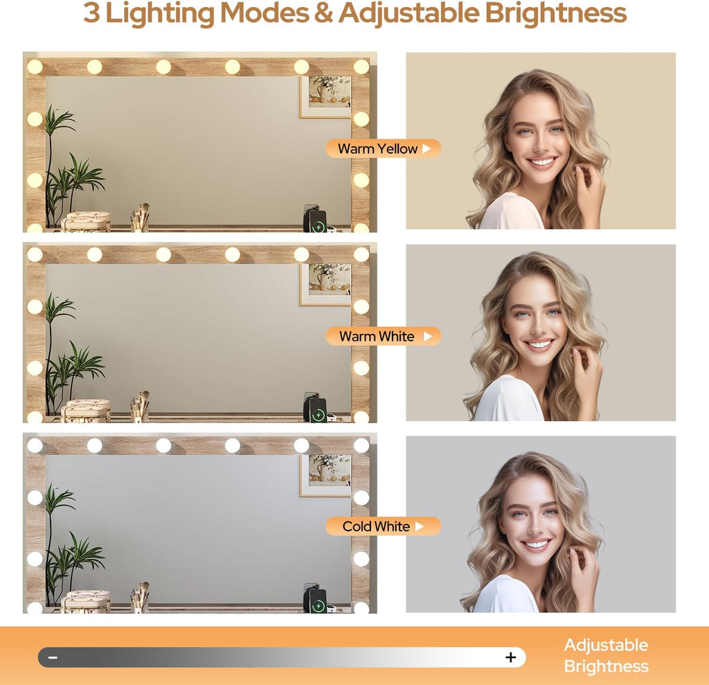 47" Fluted Makeup Vanity Desk with Large 42" Mirror and Ajustable LED Lights, Modern Glass Top Big Vanity Table with 7 Drawers, Dressing Table w/Charging Outlet for Bedroom, Natural Oak