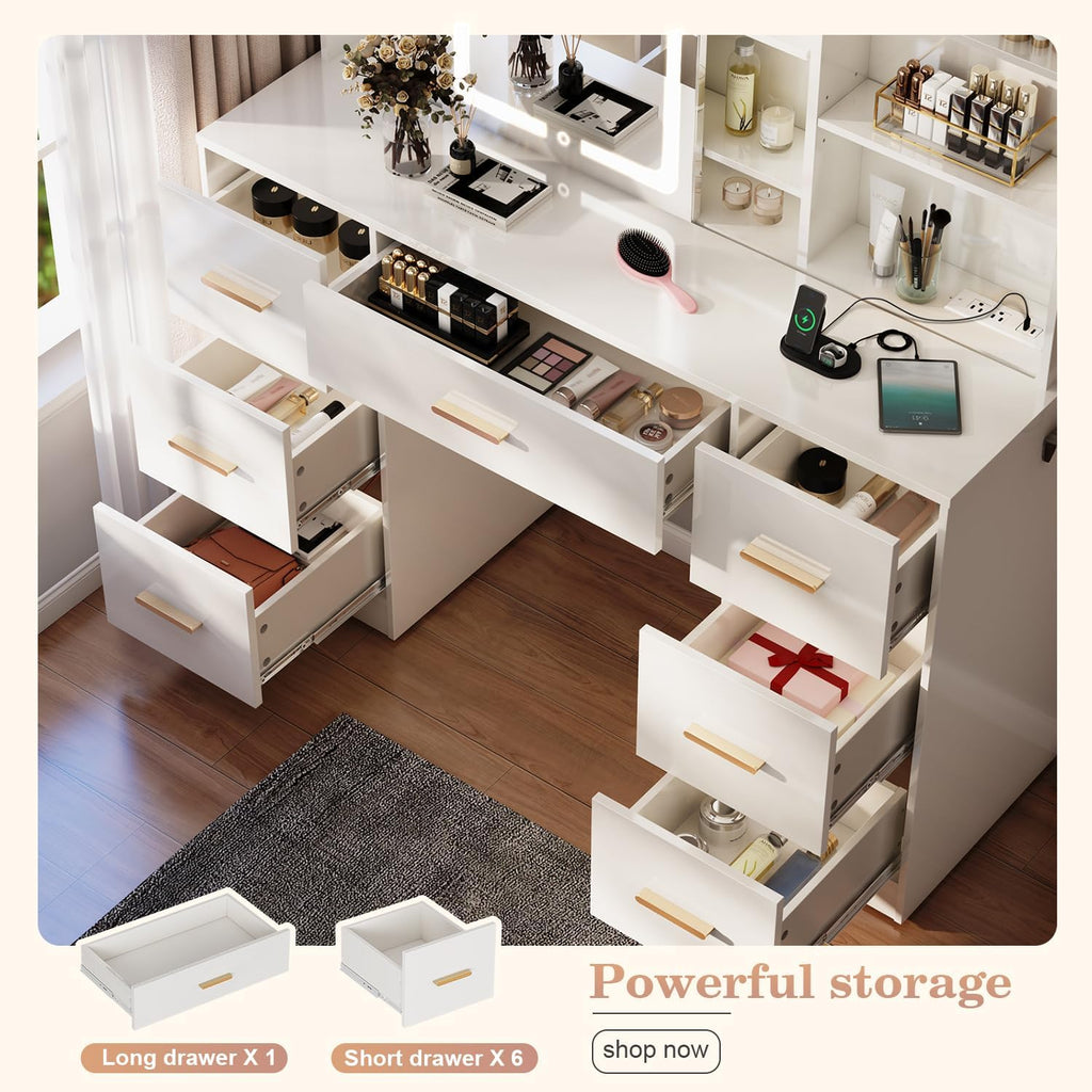 47'' Large Vanity Desk with Mirror and Lights, 7 Drawers, 8 Storage Shelves Vanity Table, Big Makeup Vanity Desk with 3 LED Lighting Modes, Vanity Dresser with Outlet, Sliding Mirror (White)