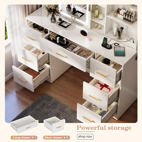 47'' Large Vanity Desk with Mirror and Lights, 7 Drawers, 8 Storage Shelves Vanity Table, Big Makeup Vanity Desk with 3 LED Lighting Modes, Vanity Dresser with Outlet, Sliding Mirror (White)