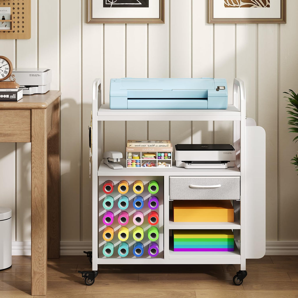 Craft Cart with Wheels Compatible with Cricut Machine, Organization and Storage Stand with 27 Vinyl Roll Holders and Drawer, Rolling Storage Cart with Table for Cricut Explore Maker Joy Accessories