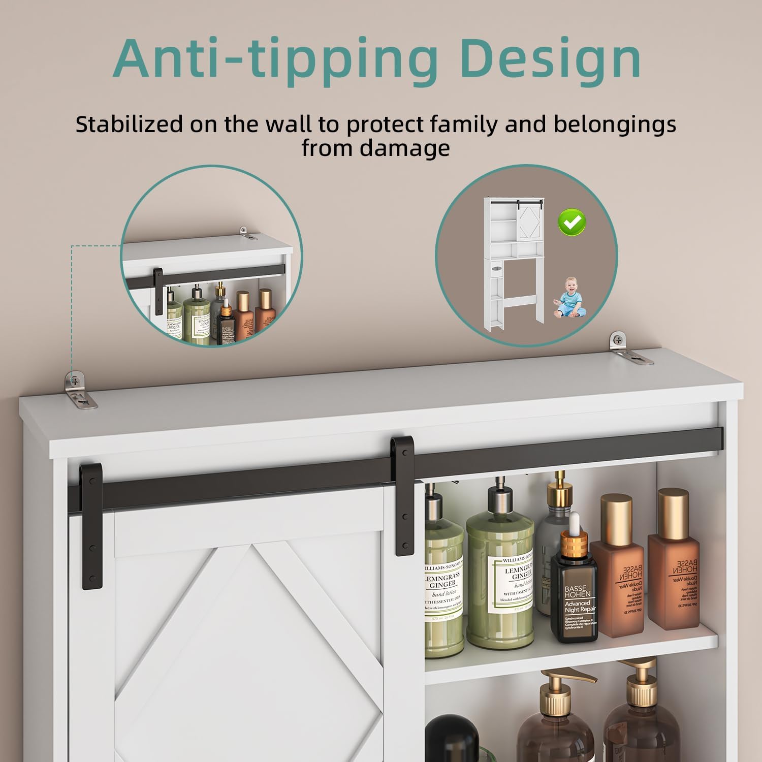 Over the Toilet Storage Cabinet with Farmhouse Sliding Barn Door, Above Toilet Organizer with Toilet Paper Holder Stand, Behind Toilet Shelf, Space Saver for Restroom, Bathroom, Laundry, White