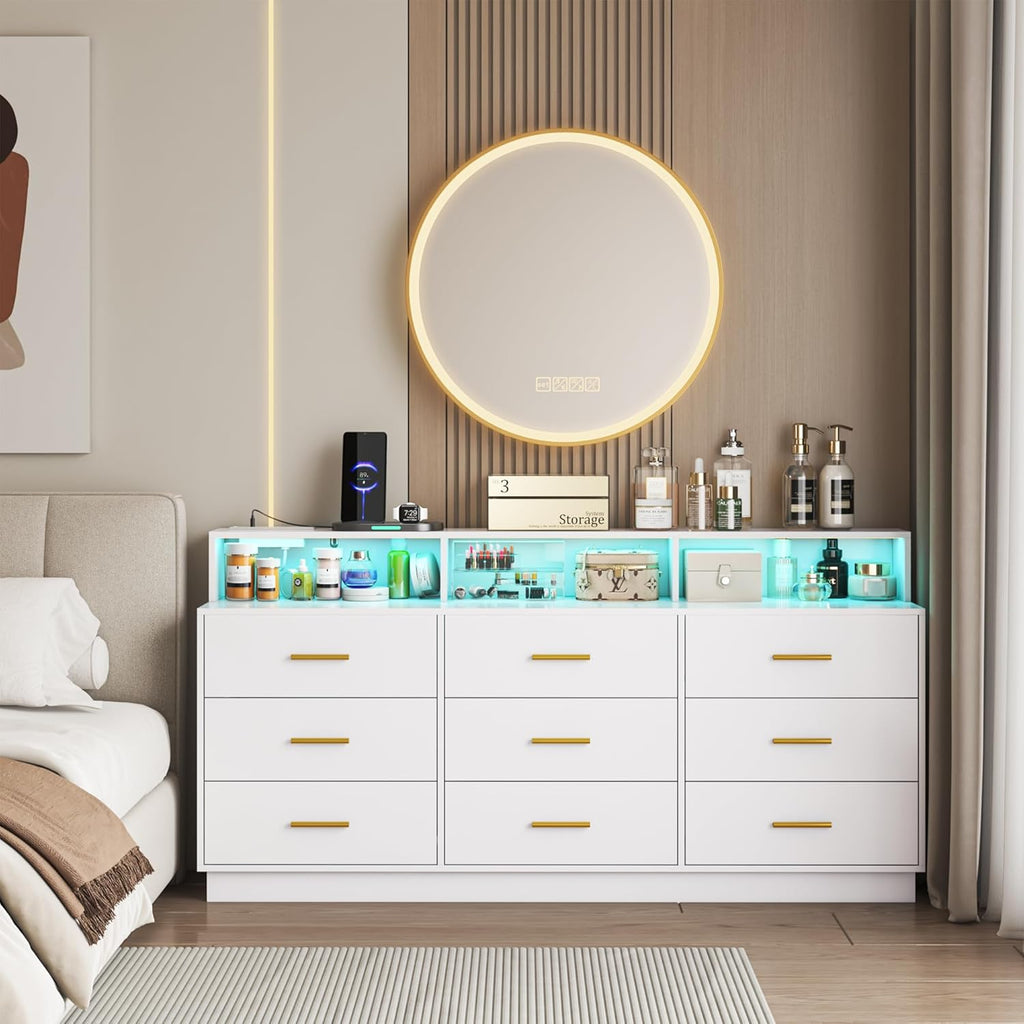 White 9 Drawer Dressers for Bedroom, Modern Large Dresser with LED Light and Power Outlet, Wooden Long Dresser, Triple Dressers for Bedroom, Entryway, Hallway