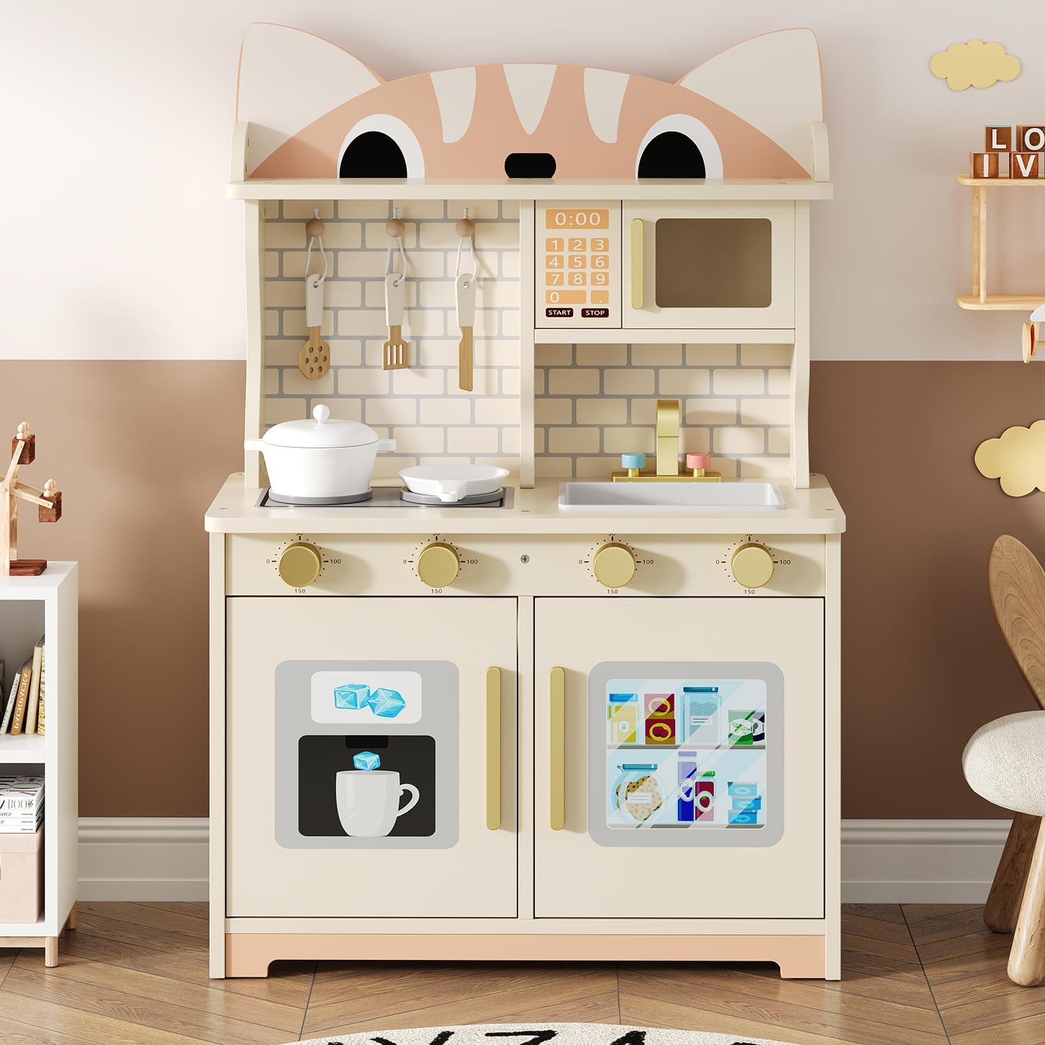 Wooden Play Kitchen for Ages 3-8 Babies, Cat Design Kitchen Playset with Microwave, Stove, Sink, Clicking Knobs, Kids Children Pretend Toy for Boys and Girls, White
