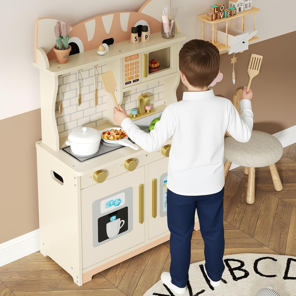 Wooden Play Kitchen for Ages 3-8 Babies, Cat Design Kitchen Playset with Microwave, Stove, Sink, Clicking Knobs, Kids Children Pretend Toy for Boys and Girls, White
