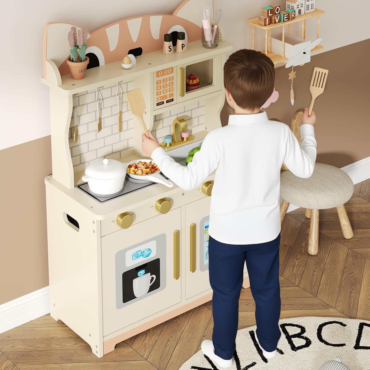 Wooden Play Kitchen for Ages 3-8 Babies, Cat Design Kitchen Playset with Microwave, Stove, Sink, Clicking Knobs, Kids Children Pretend Toy for Boys and Girls, White