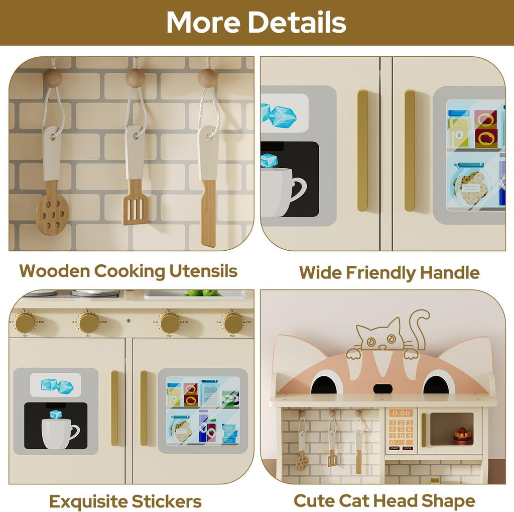 Wooden Play Kitchen for Ages 3-8 Babies, Cat Design Kitchen Playset with Microwave, Stove, Sink, Clicking Knobs, Kids Children Pretend Toy for Boys and Girls, White