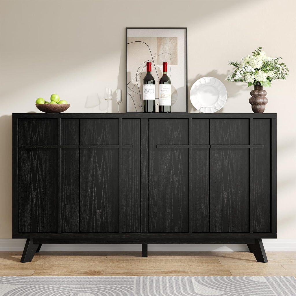 knoworld 59" Sideboard Buffet Cabinet with Storage, Modern Credenza, Black | Wood Console Cabinet with 4 Doors&Adjustable Shelves, Accent Coffee Bar Cabinet for Living Room Kitchen Dining Room Hallway