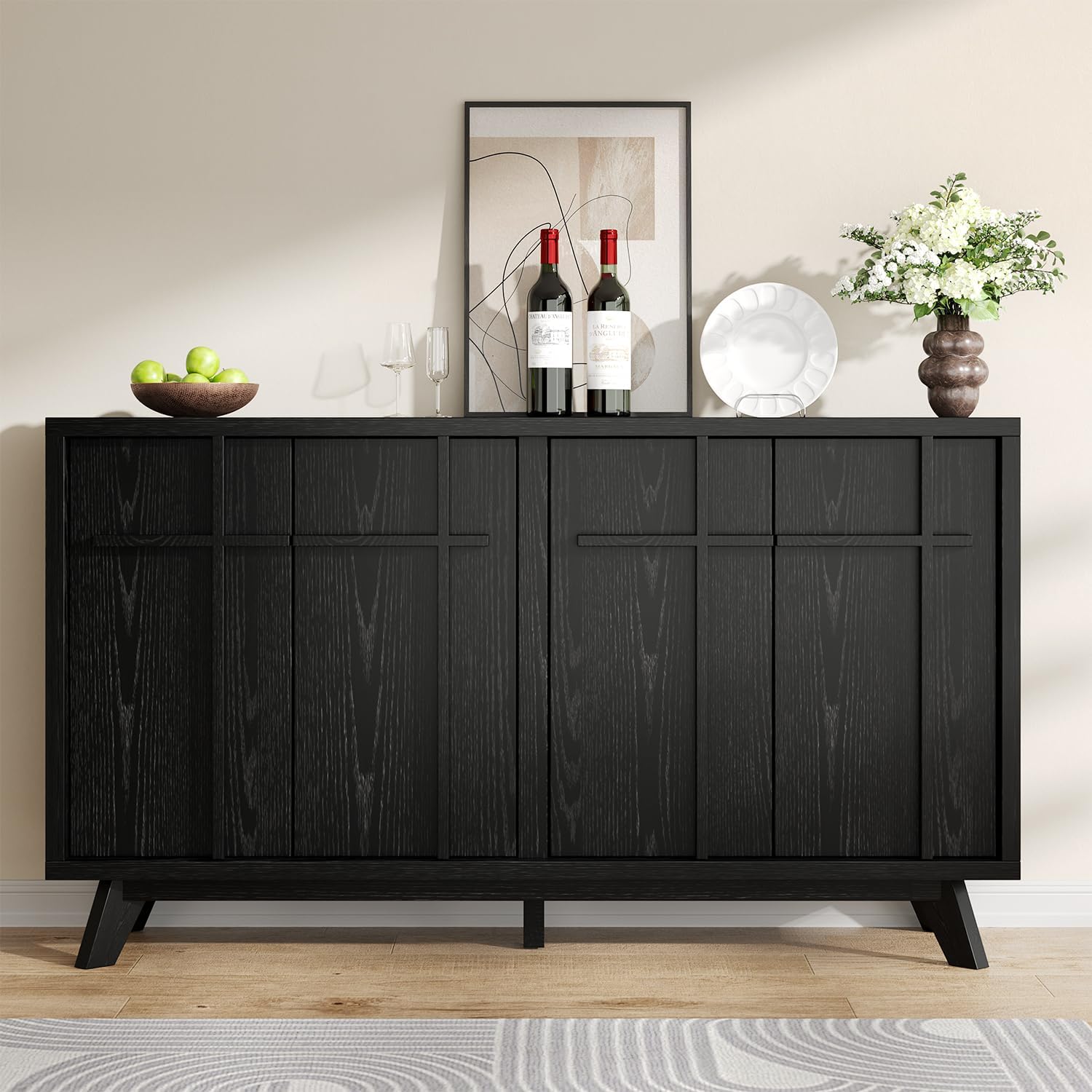knoworld 59" Sideboard Buffet Cabinet with Storage, Modern Credenza, Black | Wood Console Cabinet with 4 Doors&Adjustable Shelves, Accent Coffee Bar Cabinet for Living Room Kitchen Dining Room Hallway