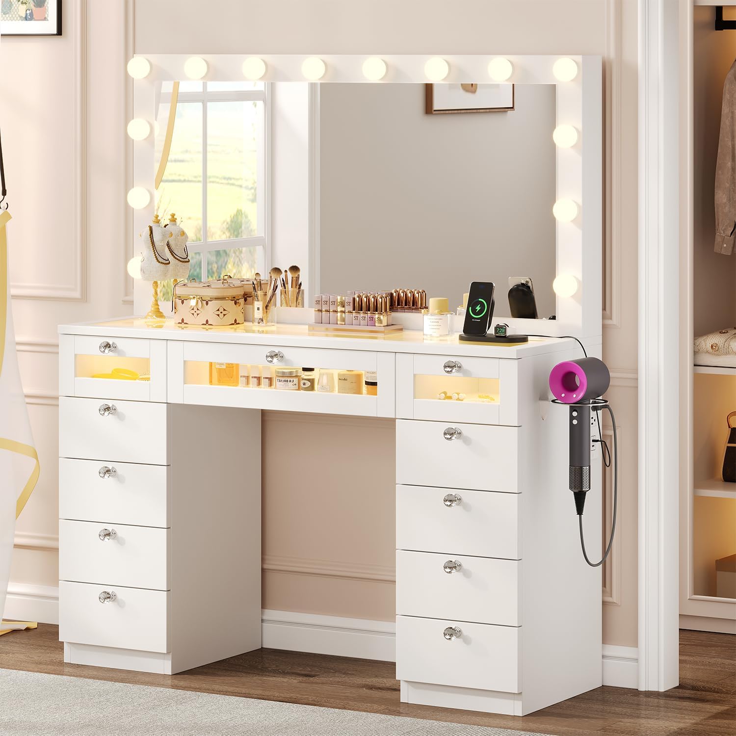 Glass Top Vanity Desk with RGB Drawers, 11 Drawers Large Makeup Vanity with Mirror and 14 LED Lights, 47" Dressing Table with Power Outlet, White