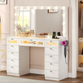 Glass Top Vanity Desk with RGB Drawers, 11 Drawers Large Makeup Vanity with Mirror and 14 LED Lights, 47" Dressing Table with Power Outlet, White