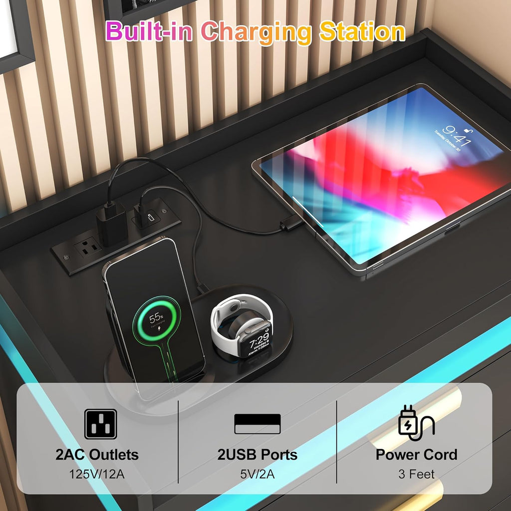 Tall Dresser for Bedroom, Black Dresser with LED Lights, Wood 5 Drawer Chest with Power Outlet, Modern Chest of Drawers for Bedroom, Living Room, Entryway, Hallway