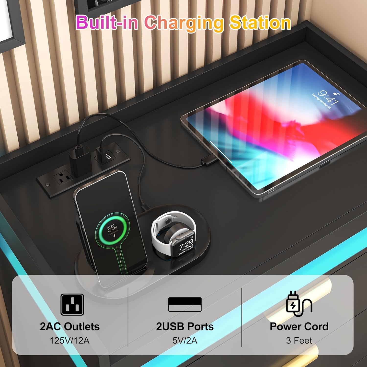 Tall Dresser for Bedroom, Black Dresser with LED Lights, Wood 5 Drawer Chest with Power Outlet, Modern Chest of Drawers for Bedroom, Living Room, Entryway, Hallway