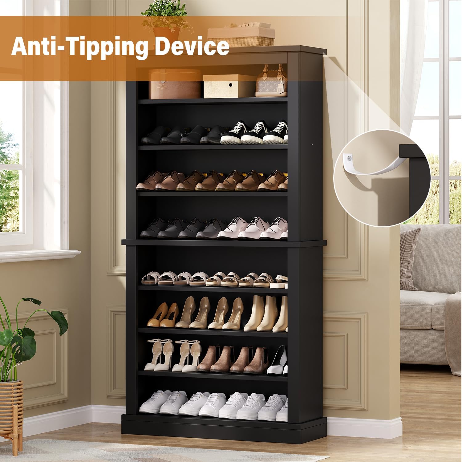 Freestanding Shoe Cabinet, Holds 40-45 Pairs, 71 Inch Tall 9-Tier Shoe Rack with Adjustable Shelves, Heavy Duty Open Storage Organizer for Entryway Hallway，Black