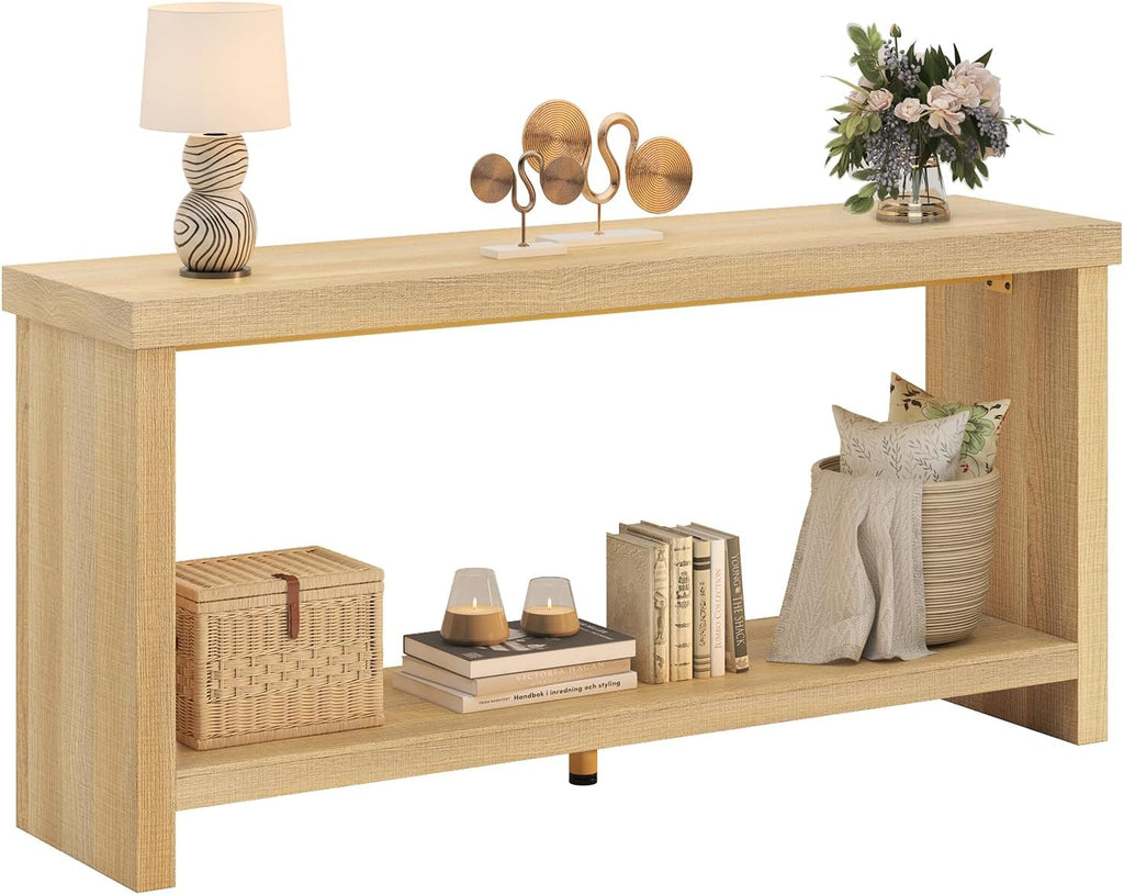 63 Inches Narrow Console Table, 2-Tier Long Sofa Tables Behind Couch Table, Farmhouse Foyer Tables for Entryway, Hallway, Living Room, Oak Natural