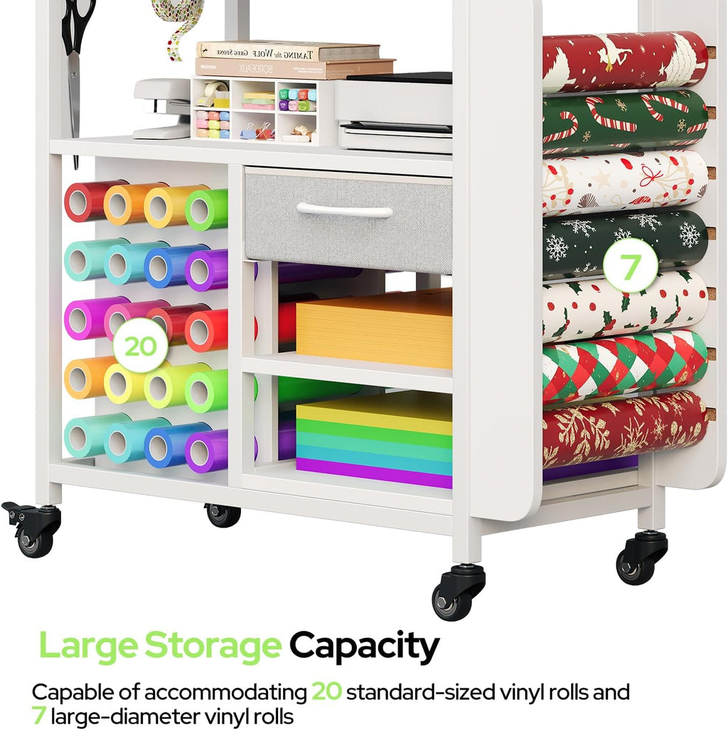 Craft Cart with Wheels Compatible with Cricut Machine, Organization and Storage Stand with 27 Vinyl Roll Holders and Drawer, Rolling Storage Cart with Table for Cricut Explore Maker Joy Accessories