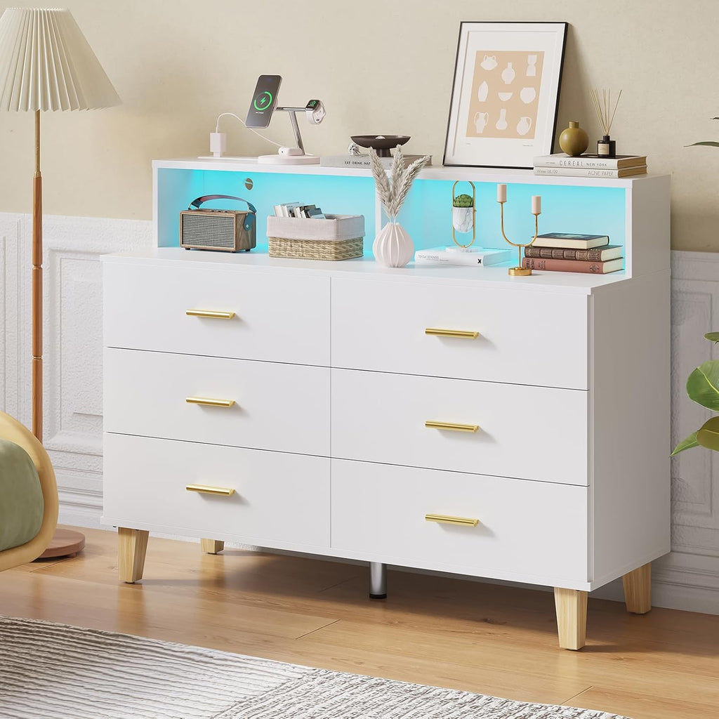 White 6 Drawer Dresser for Bedroom, Chest of Drawers with LED Light and Power Outlet, Tall Wide Dresser for Organizer Cabinet Bedroom,Living Room,Hallway, Entryway