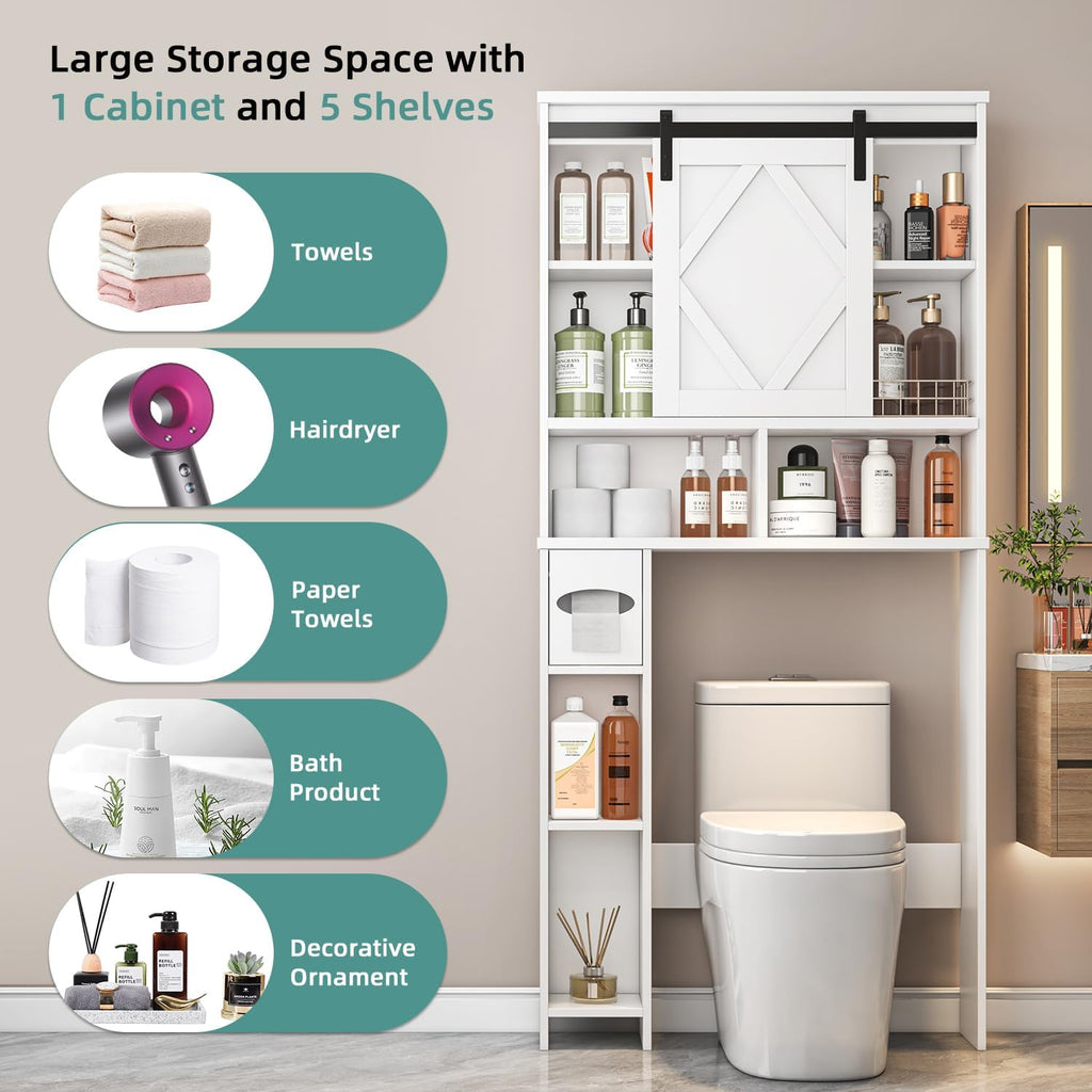 Over the Toilet Storage Cabinet with Farmhouse Sliding Barn Door, Above Toilet Organizer with Toilet Paper Holder Stand, Behind Toilet Shelf, Space Saver for Restroom, Bathroom, Laundry, White