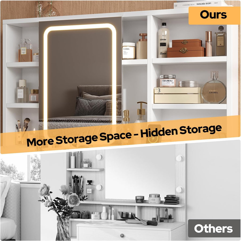 Vanity Desk with Sliding Mirror & LED Lights, Smart Makeup Table with Charging Station, Hairdryer Holder, 7 Shelves, 3 Drawers, 2 Cabinets, Vanity with Extra Hidden Stroage for Bedroom,White