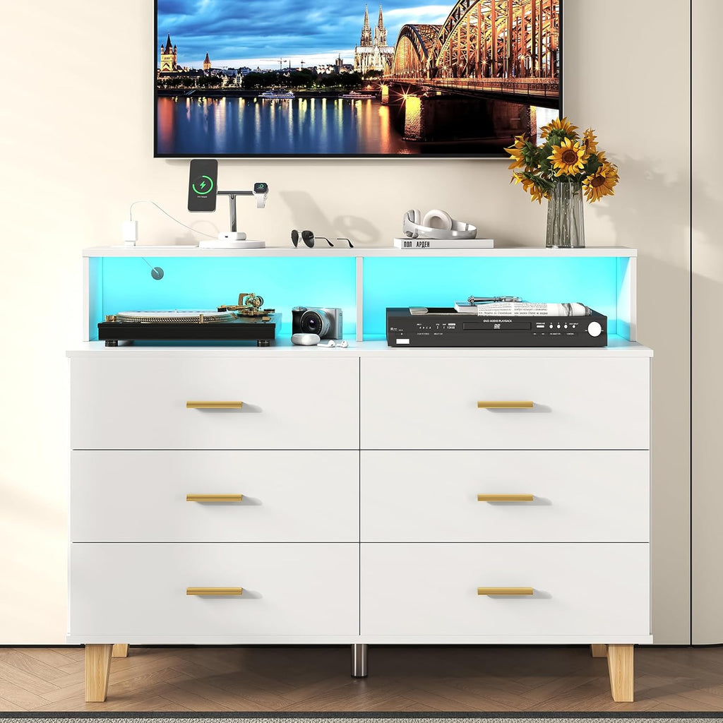 White 6 Drawer Dresser for Bedroom, Chest of Drawers with LED Light and Power Outlet, Tall Wide Dresser for Organizer Cabinet Bedroom,Living Room,Hallway, Entryway