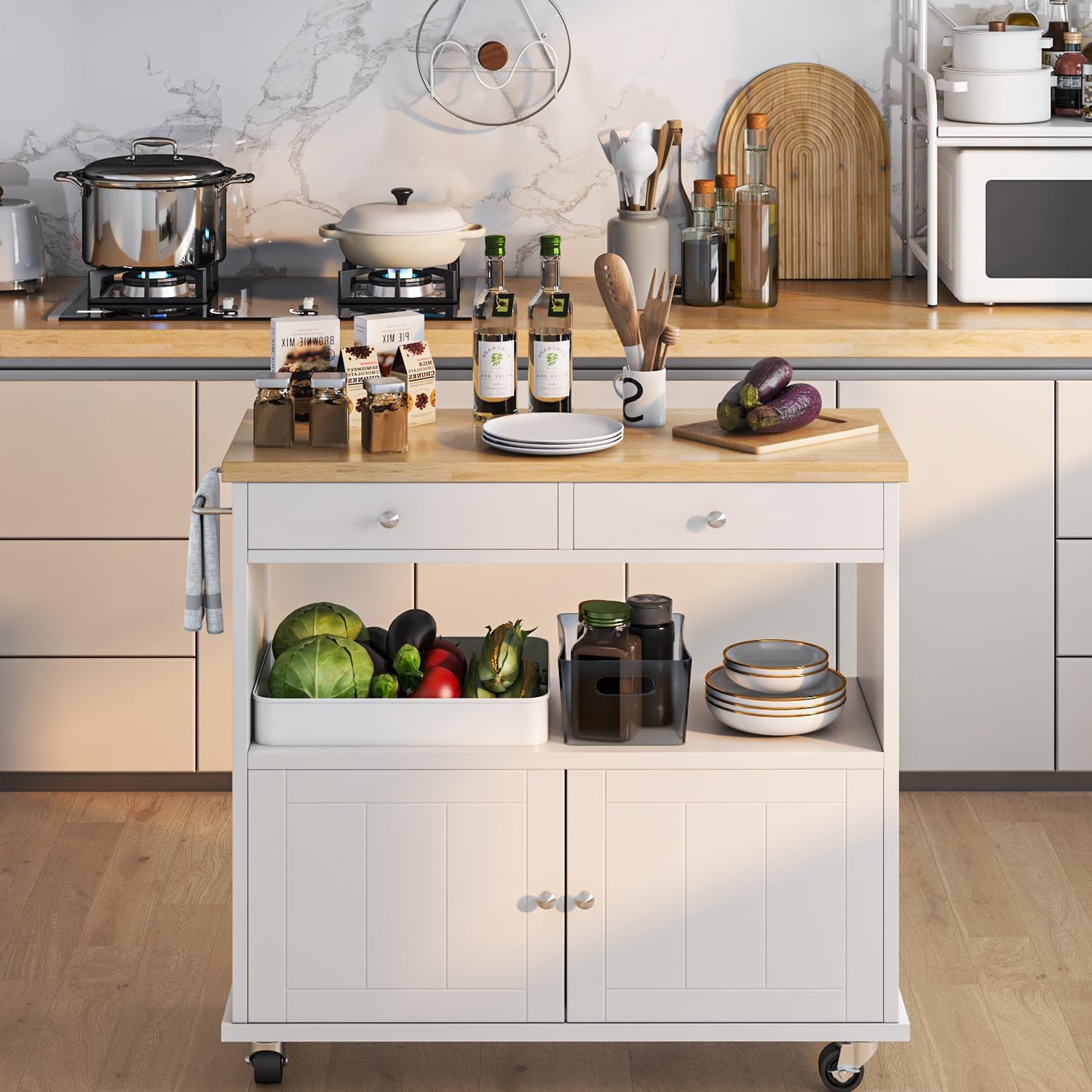 Rolling Kitchen Island with Storage Cabinet, 35.4'' Width Kitchen Cart, 2 Drawers Island Table, Portable Mobile Kitchen Island with Towel Rack, Wood Top and Lockable Wheels, White