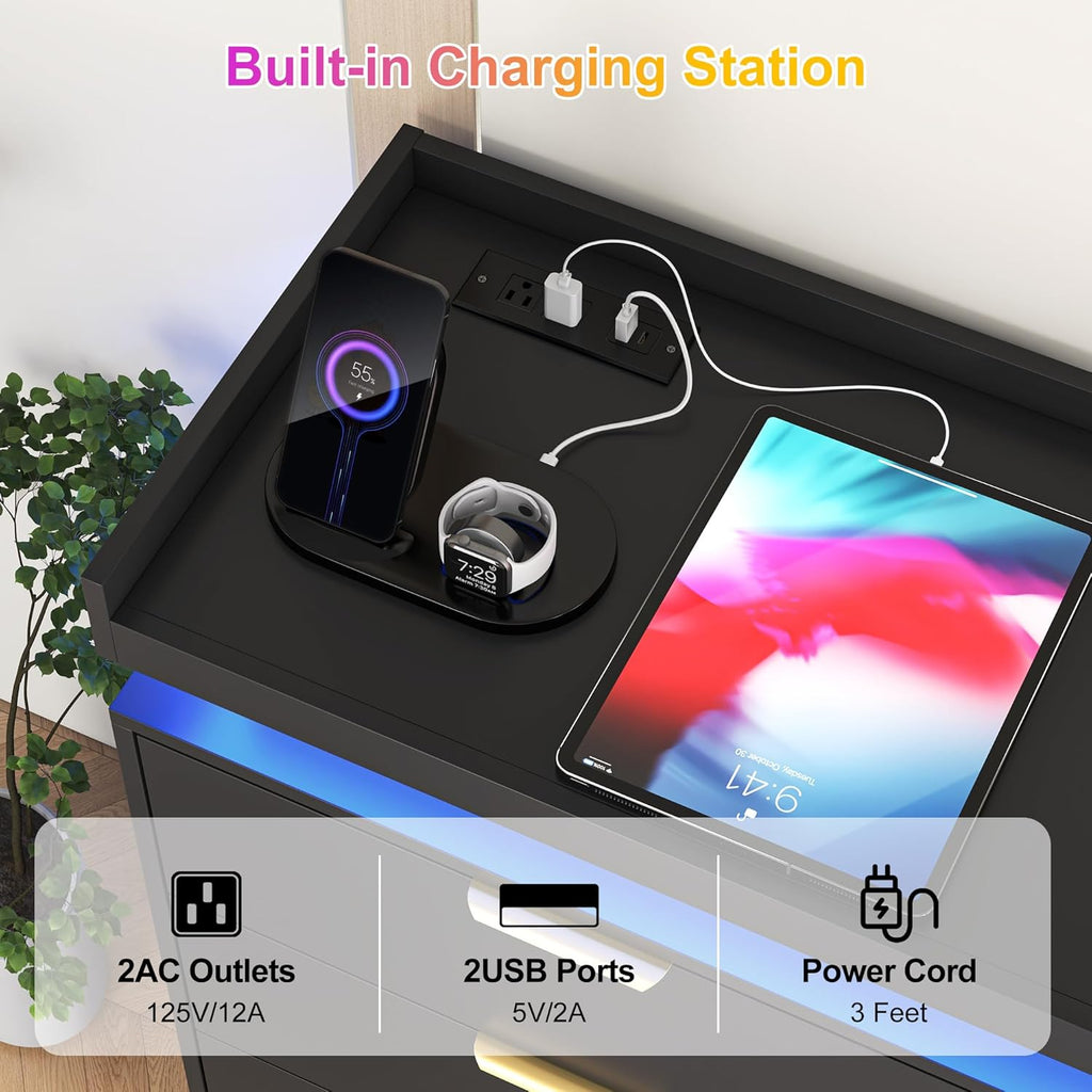 9 Drawer Dresser for Bedroom, Black Dresser with LED Lights and Power Outlet, Large Wooden Dressers Modern Chest of Drawers, Triple Wide Drawer Organizer Cabinet for Bedroom, Entryway, Hallway