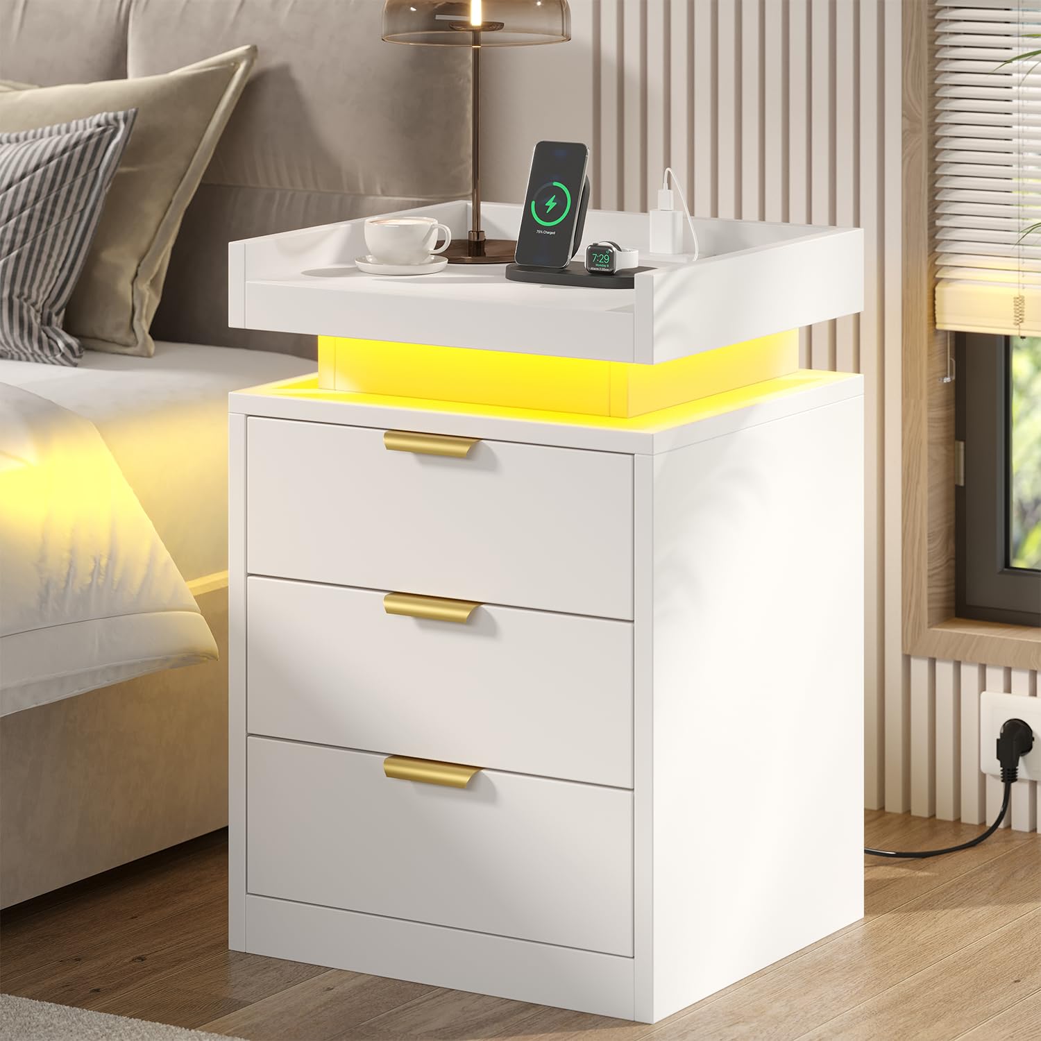 LED Nightstand with Charging Station & USB Ports, 3-Drawer Bedside Table with Adjustable RGB LED Lights, High-Gloss Modern Nightstands for Bedroom, Black