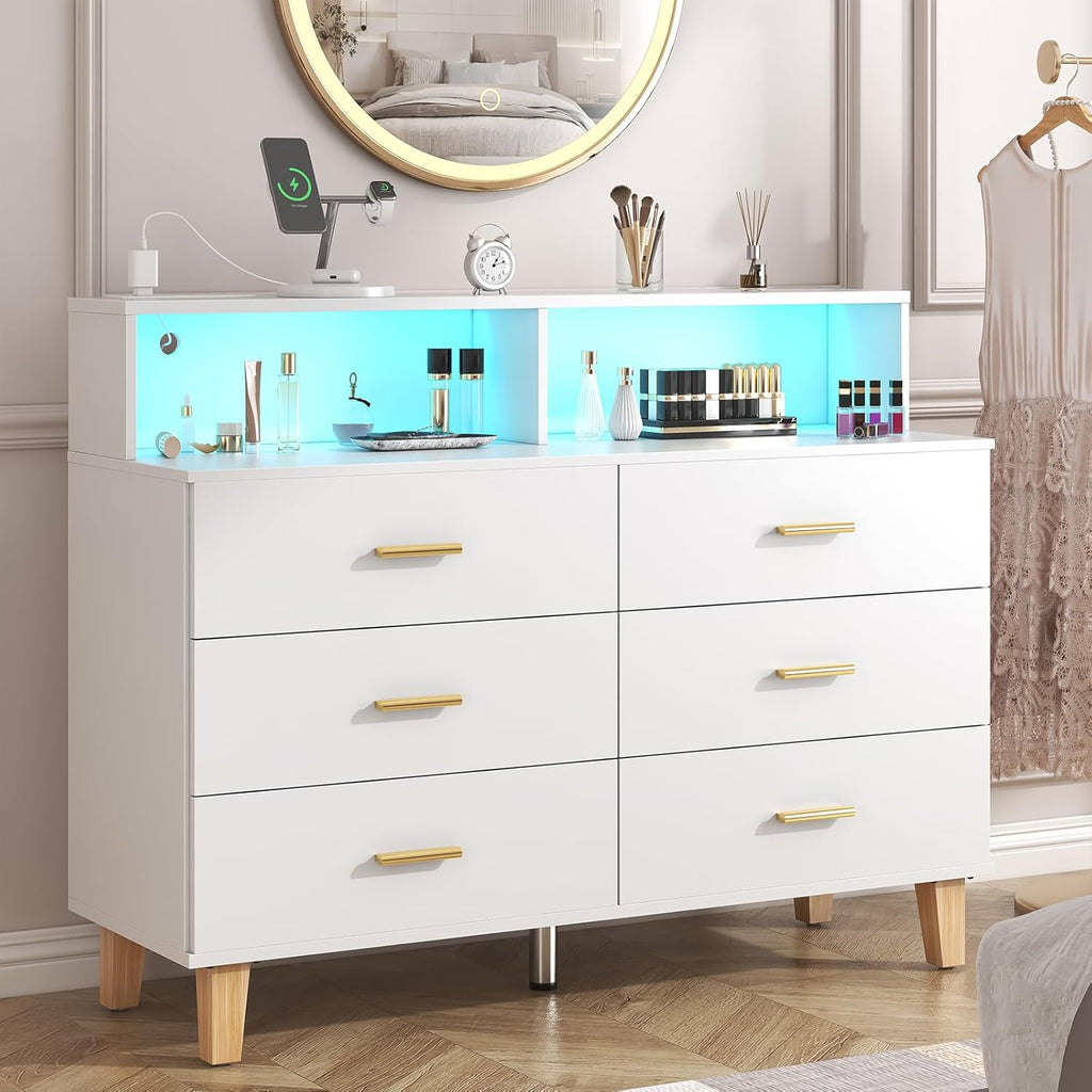 White 6 Drawer Dresser for Bedroom, Chest of Drawers with LED Light and Power Outlet, Tall Wide Dresser for Organizer Cabinet Bedroom,Living Room,Hallway, Entryway
