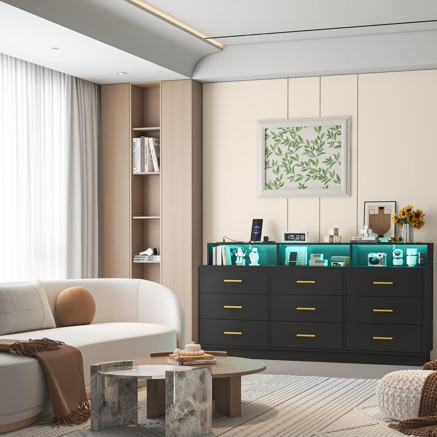 Black 9 Drawer Dressers for Bedroom, Modern Large Dresser with LED Light and Power Outlet, Wooden Long Dressers, Triple Dresser for Bedroom, Entryway, Hallway