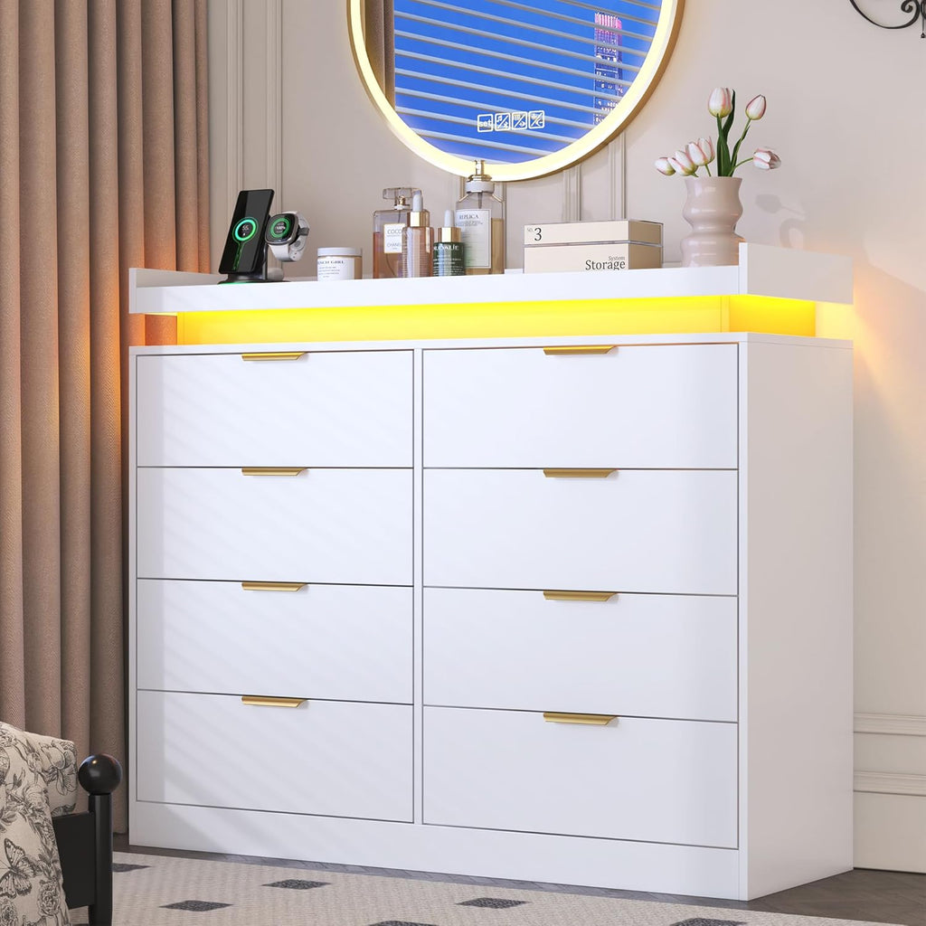 8 Drawer Dressers for Bedroom, White Dresser with LED Lights and Power Outlet, Wood LED Dresser, Double Wide Modern Chest of Drawers for Bedroom, Entryway, Hallway