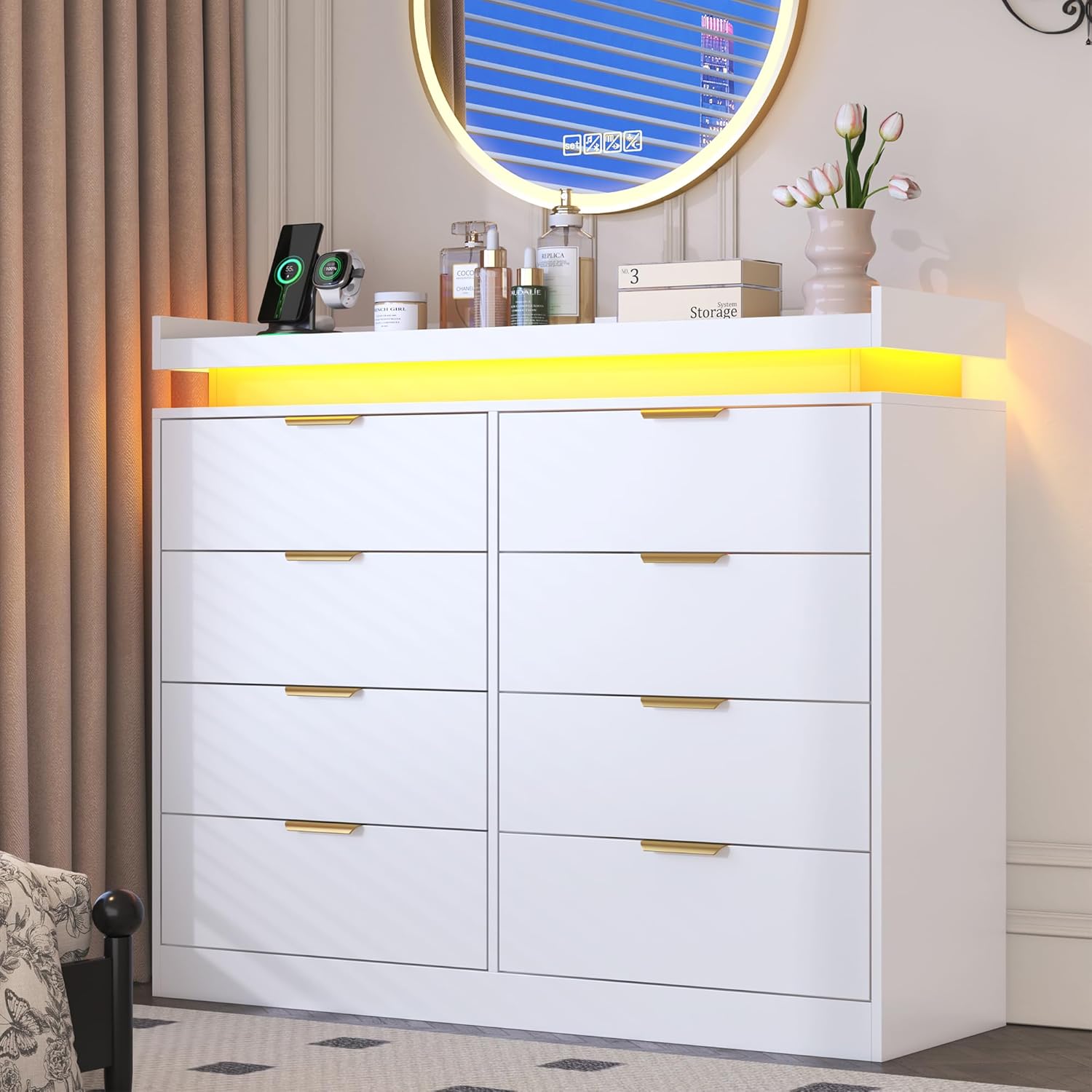 8 Drawer Dressers for Bedroom, White Dresser with LED Lights and Power Outlet, Wood LED Dresser, Double Wide Modern Chest of Drawers for Bedroom, Entryway, Hallway