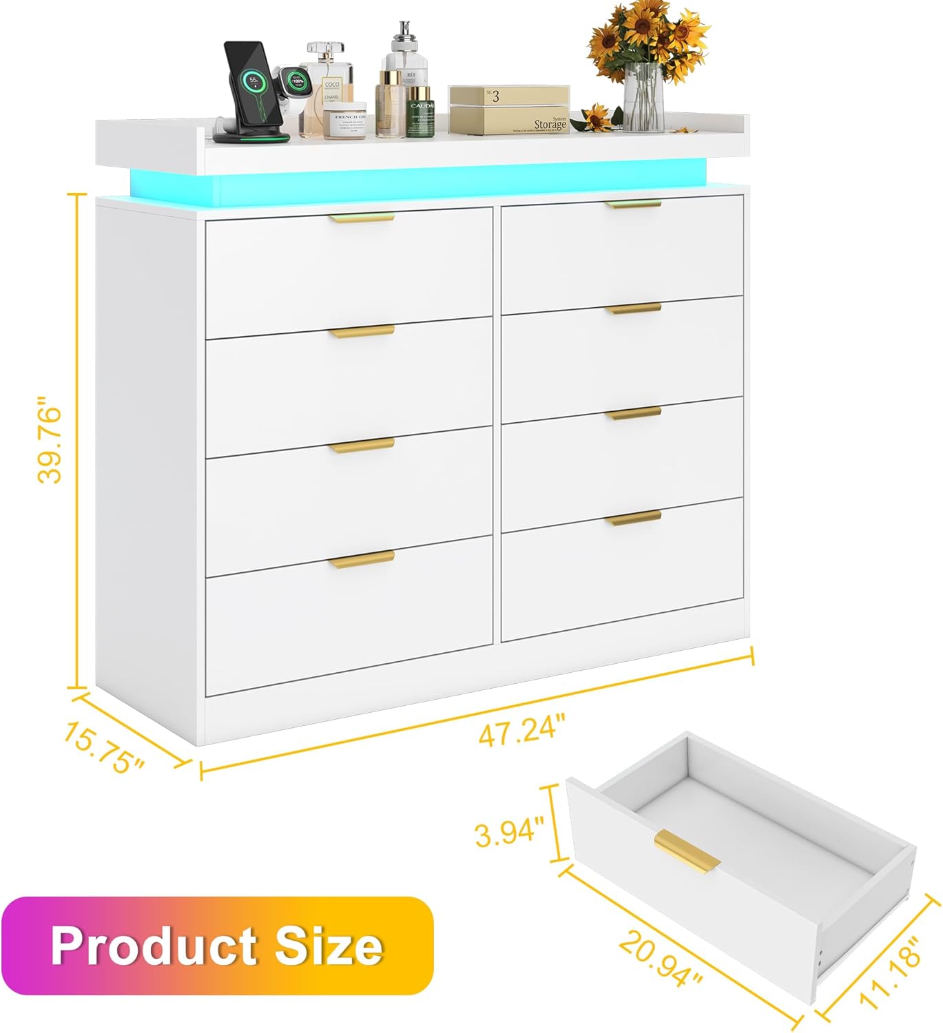 8 Drawer Dressers for Bedroom, White Dresser with LED Lights and Power Outlet, Wood LED Dresser, Double Wide Modern Chest of Drawers for Bedroom, Entryway, Hallway